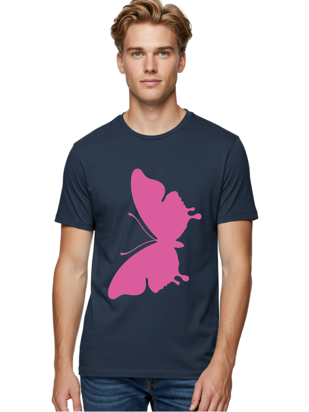 Pink-Butterfly Men'S Graphic Tee, 100% Cotton, Comfortable Casual Summer Wear, Machine Washable, Butterfly Silhouette, Pink Butterfly, Abstract Butterfly, Delicate Wings, Minimalist Design, Vibrant Pink Color, Bold Silhouette, Aad090