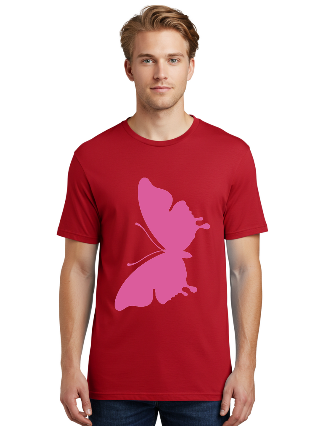 Pink-Butterfly Men'S Graphic Tee, 100% Cotton, Comfortable Casual Summer Wear, Machine Washable, Butterfly Silhouette, Pink Butterfly, Abstract Butterfly, Delicate Wings, Minimalist Design, Vibrant Pink Color, Bold Silhouette, Aad090