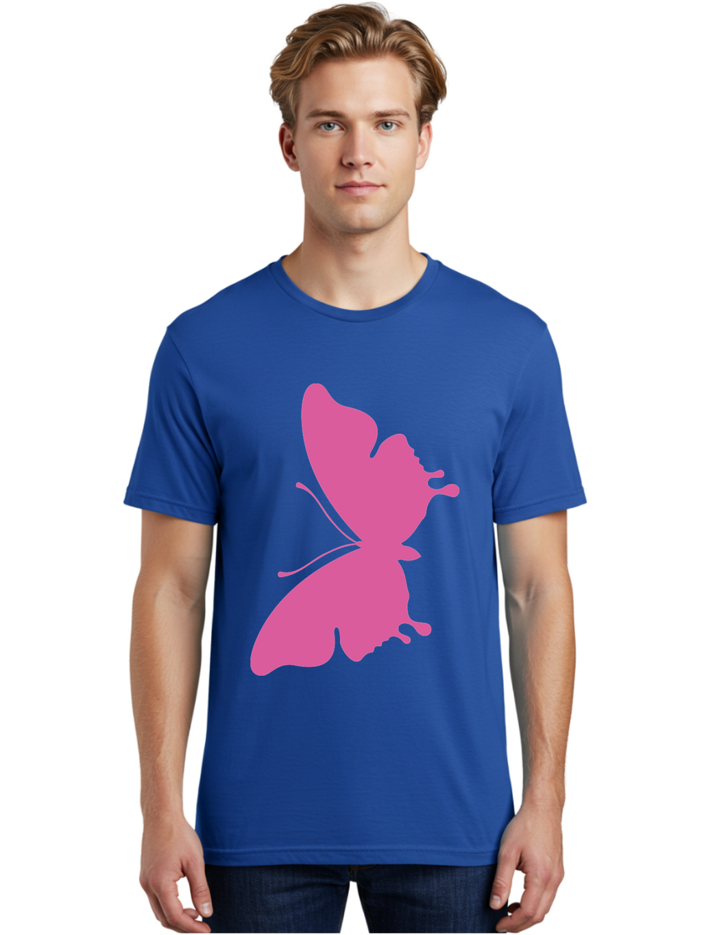 Pink-Butterfly Men'S Graphic Tee, 100% Cotton, Comfortable Casual Summer Wear, Machine Washable, Butterfly Silhouette, Pink Butterfly, Abstract Butterfly, Delicate Wings, Minimalist Design, Vibrant Pink Color, Bold Silhouette, Aad090