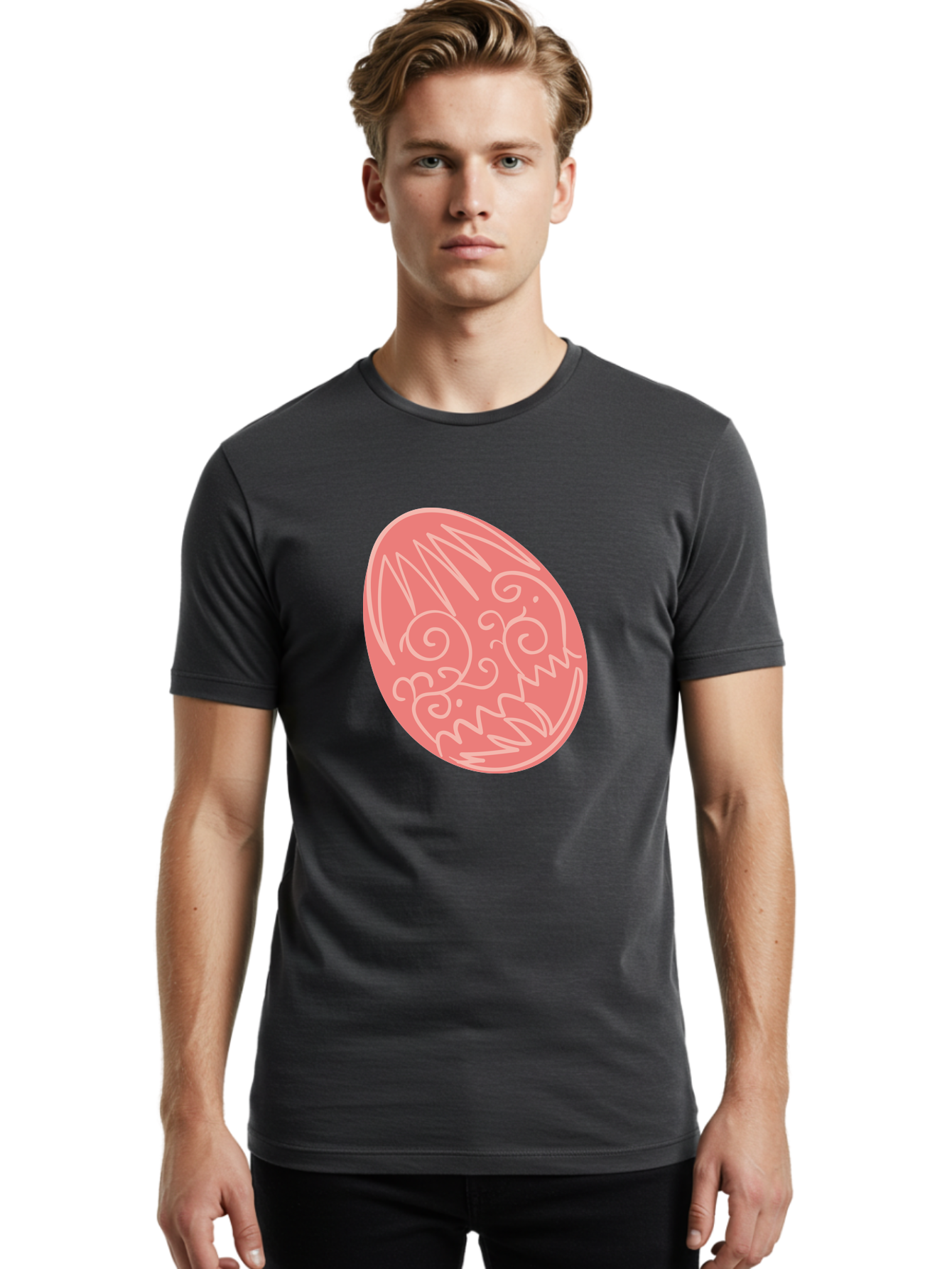 Pink-Dragon-Egg Men'S Graphic Tee, 100% Cotton, Comfortable Casual Summer Wear, Machine Washable, Pink Easter Egg, Dragon Design, White Line Art, Festive Decoration, Spring Celebration, Easter Symbol, Cute Illustration Aad091