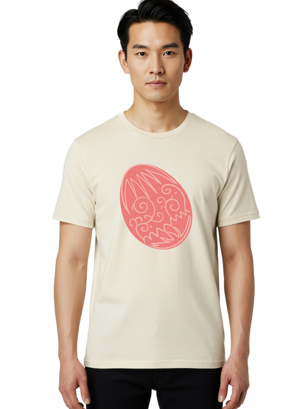 Pink-Dragon-Egg Men'S Graphic Tee, 100% Cotton, Comfortable Casual Summer Wear, Machine Washable, Pink Easter Egg, Dragon Design, White Line Art, Festive Decoration, Spring Celebration, Easter Symbol, Cute Illustration Aad091