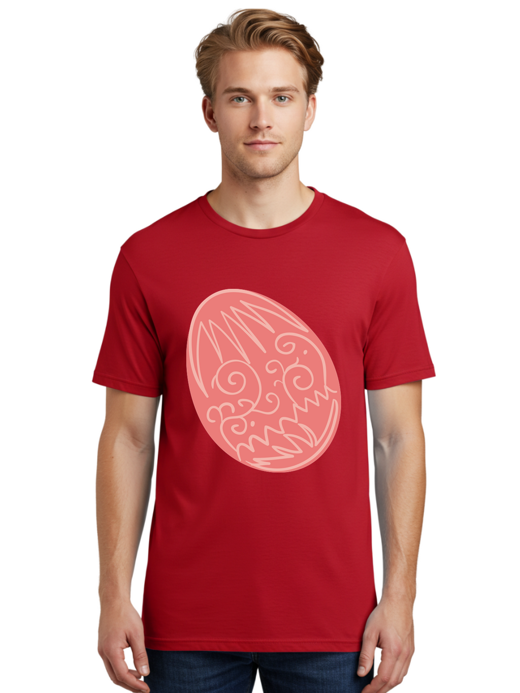 Pink-Dragon-Egg Men'S Graphic Tee, 100% Cotton, Comfortable Casual Summer Wear, Machine Washable, Pink Easter Egg, Dragon Design, White Line Art, Festive Decoration, Spring Celebration, Easter Symbol, Cute Illustration Aad091