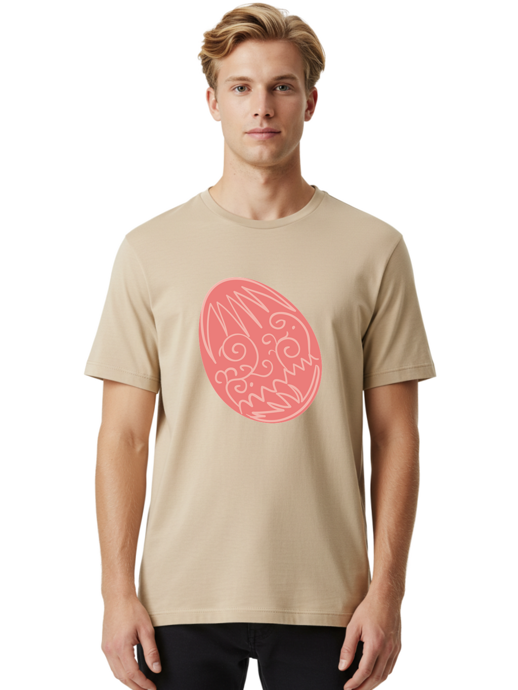 Pink-Dragon-Egg Men'S Graphic Tee, 100% Cotton, Comfortable Casual Summer Wear, Machine Washable, Pink Easter Egg, Dragon Design, White Line Art, Festive Decoration, Spring Celebration, Easter Symbol, Cute Illustration Aad091