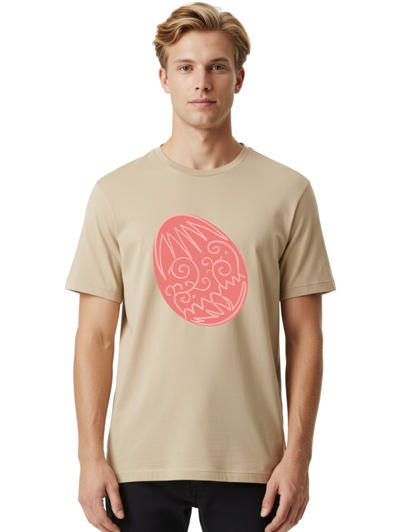 Pink-Dragon-Egg Men'S Graphic Tee, 100% Cotton, Comfortable Casual Summer Wear, Machine Washable, Pink Easter Egg, Dragon Design, White Line Art, Festive Decoration, Spring Celebration, Easter Symbol, Cute Illustration Aad091