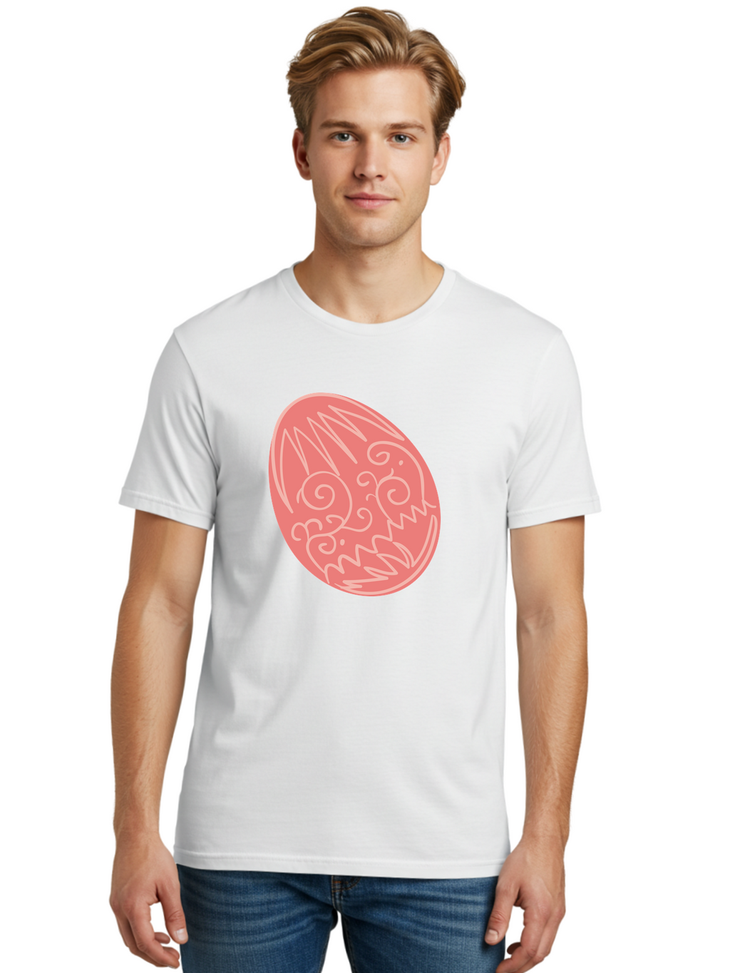 Pink-Dragon-Egg Men'S Graphic Tee, 100% Cotton, Comfortable Casual Summer Wear, Machine Washable, Pink Easter Egg, Dragon Design, White Line Art, Festive Decoration, Spring Celebration, Easter Symbol, Cute Illustration Aad091