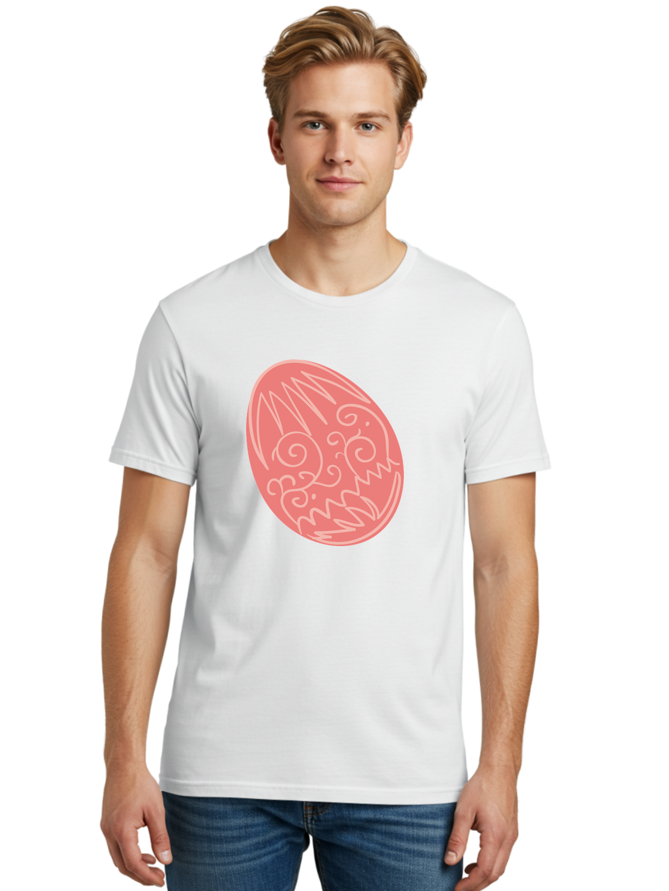 Pink-Dragon-Egg Men'S Graphic Tee, 100% Cotton, Comfortable Casual Summer Wear, Machine Washable, Pink Easter Egg, Dragon Design, White Line Art, Festive Decoration, Spring Celebration, Easter Symbol, Cute Illustration Aad091