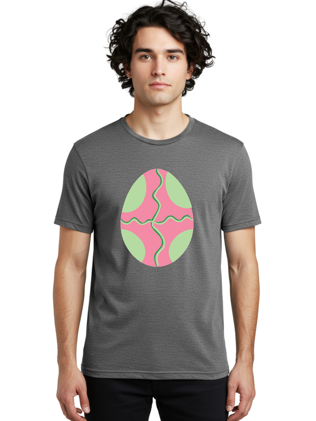 Pink-Easter-Egg Men'S Graphic Tee, 100% Cotton, Comfortable Casual Summer Wear, Machine Washable, Easter Egg Decoration, Cracked Egg Design, Pink And Green Colors, Wavy Crack Lines, Festive Easter Theme, Spring Holiday Symbol Aad093