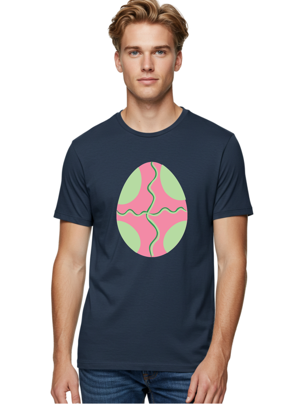 Pink-Easter-Egg Men'S Graphic Tee, 100% Cotton, Comfortable Casual Summer Wear, Machine Washable, Easter Egg Decoration, Cracked Egg Design, Pink And Green Colors, Wavy Crack Lines, Festive Easter Theme, Spring Holiday Symbol Aad093