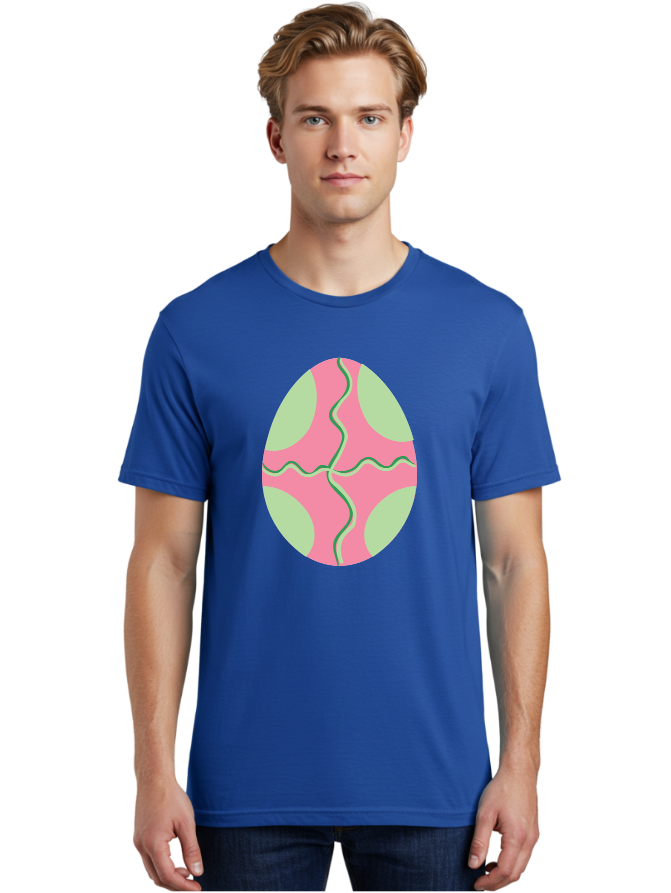 Pink-Easter-Egg Men'S Graphic Tee, 100% Cotton, Comfortable Casual Summer Wear, Machine Washable, Easter Egg Decoration, Cracked Egg Design, Pink And Green Colors, Wavy Crack Lines, Festive Easter Theme, Spring Holiday Symbol Aad093