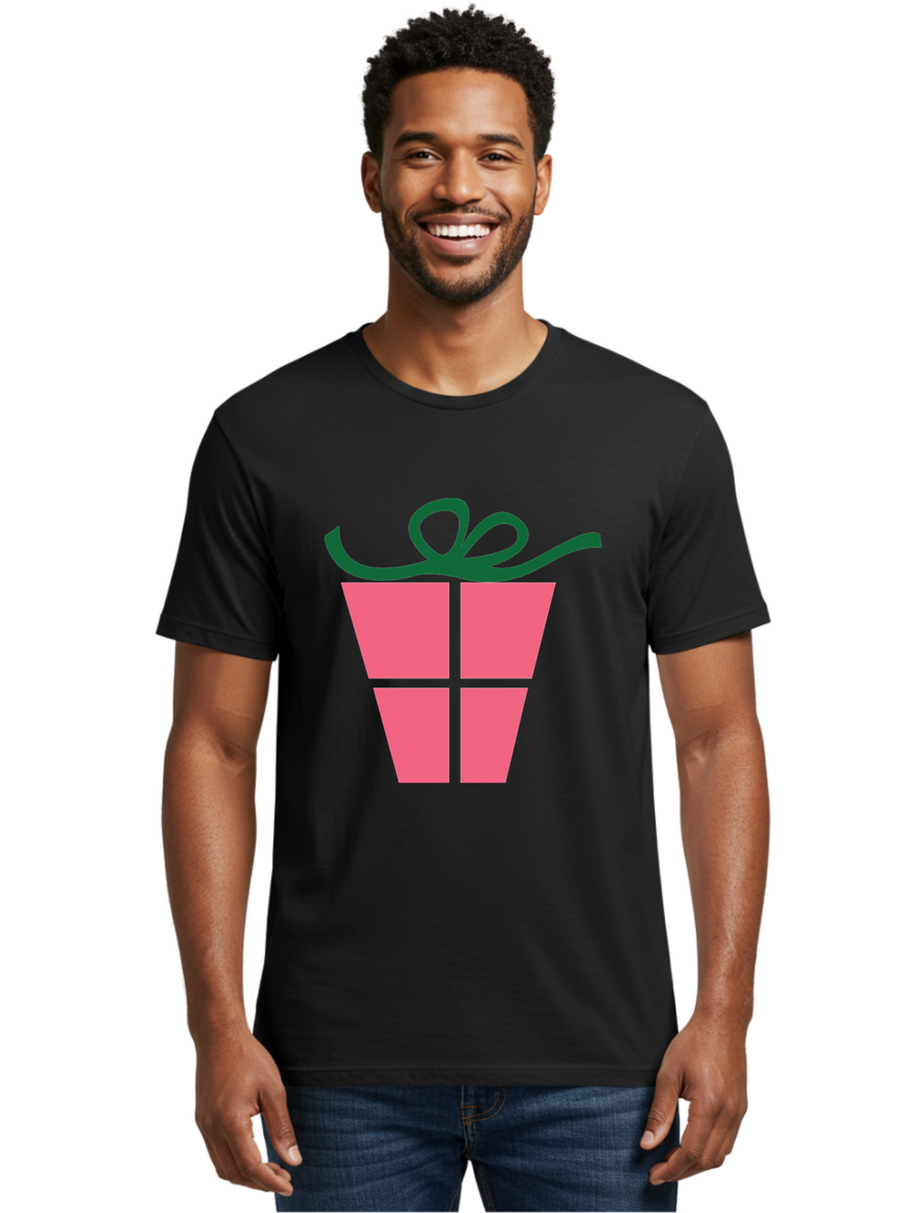 Pink-Gift-Box-With-Ribbon Men'S Graphic Tee, 100% Cotton, Comfortable Casual Summer Wear, Machine Washable, Pink Gift Box, Wrapped Present, Green Ribbon, Festive, Celebration, Party Favor, Gift Giving, Holiday Present Aad094
