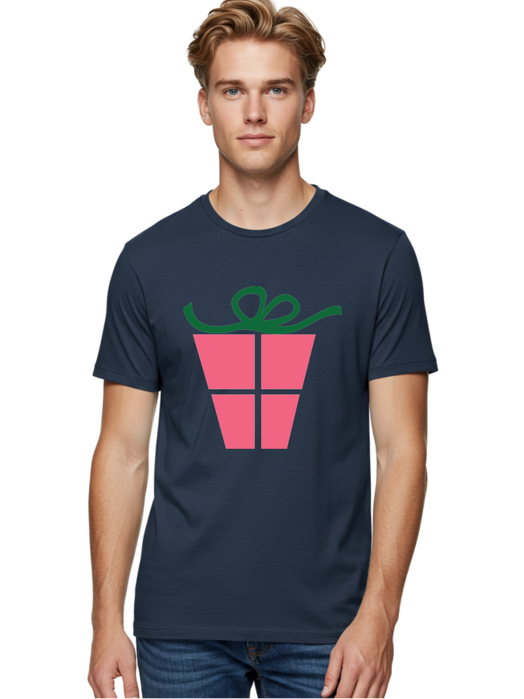 Pink-Gift-Box-With-Ribbon Men'S Graphic Tee, 100% Cotton, Comfortable Casual Summer Wear, Machine Washable, Pink Gift Box, Wrapped Present, Green Ribbon, Festive, Celebration, Party Favor, Gift Giving, Holiday Present Aad094