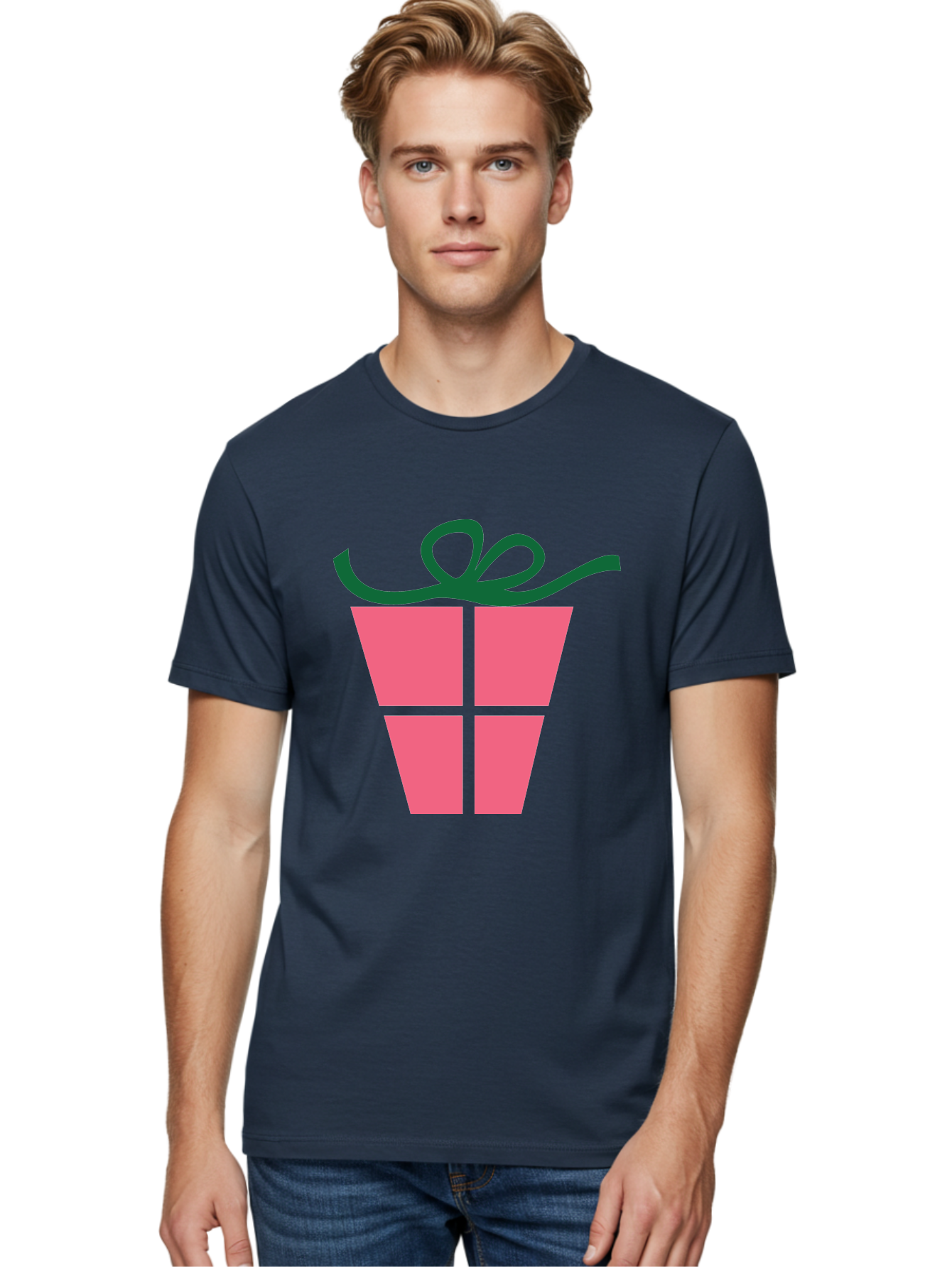 Pink-Gift-Box-With-Ribbon Men'S Graphic Tee, 100% Cotton, Comfortable Casual Summer Wear, Machine Washable, Pink Gift Box, Wrapped Present, Green Ribbon, Festive, Celebration, Party Favor, Gift Giving, Holiday Present Aad094