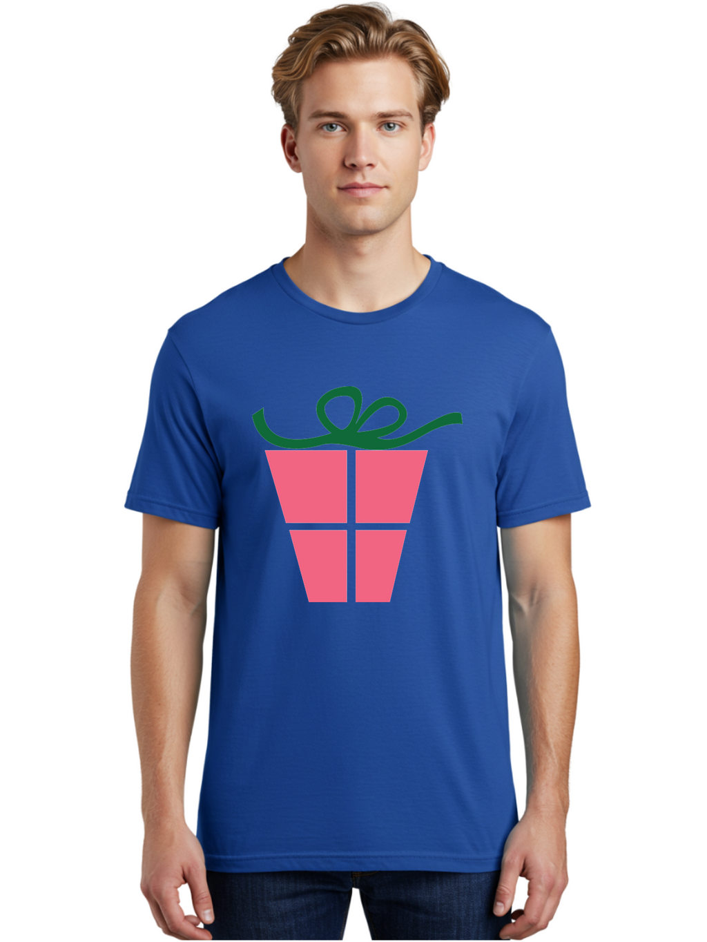 Pink-Gift-Box-With-Ribbon Men'S Graphic Tee, 100% Cotton, Comfortable Casual Summer Wear, Machine Washable, Pink Gift Box, Wrapped Present, Green Ribbon, Festive, Celebration, Party Favor, Gift Giving, Holiday Present Aad094