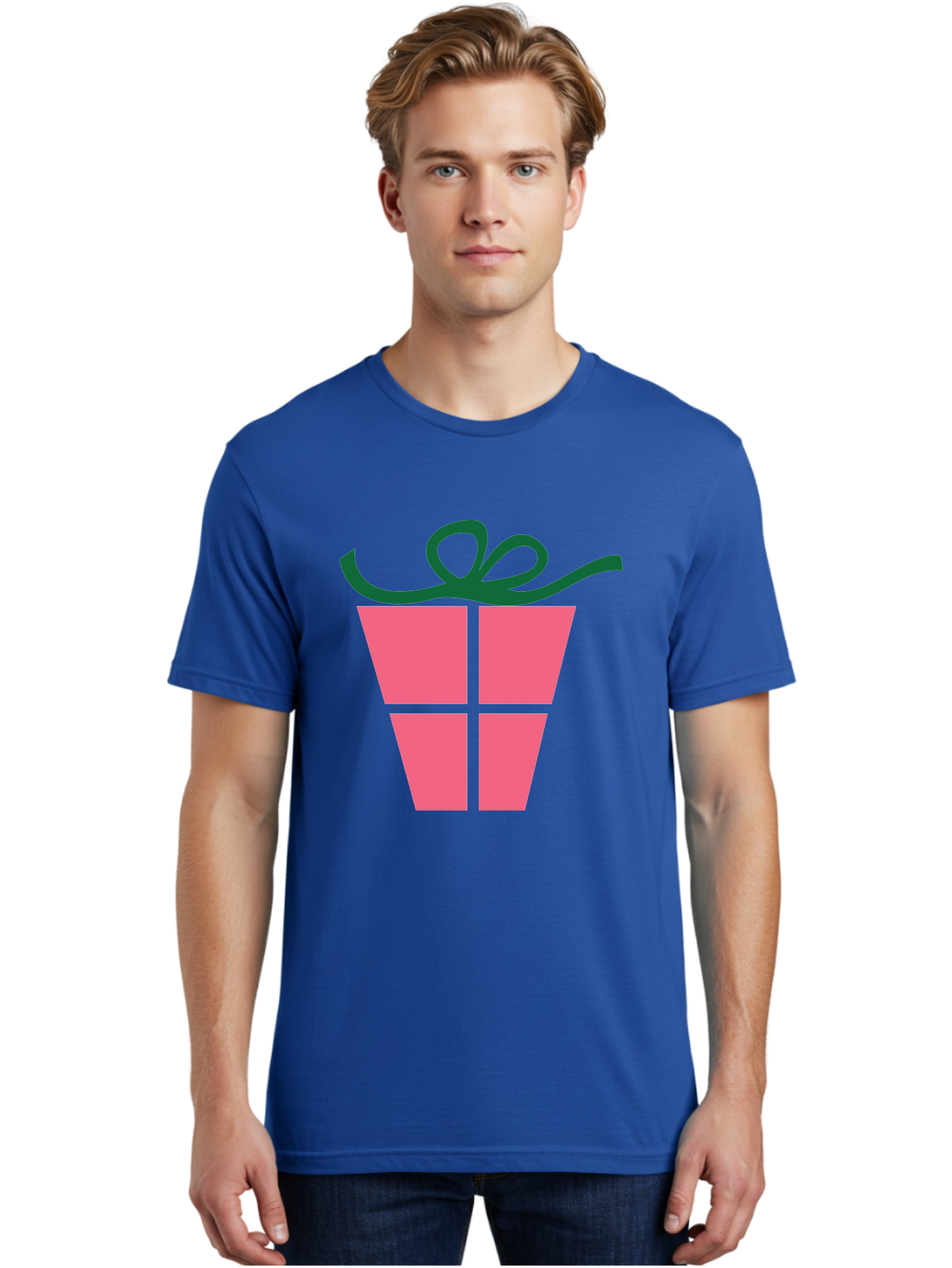 Pink-Gift-Box-With-Ribbon Men'S Graphic Tee, 100% Cotton, Comfortable Casual Summer Wear, Machine Washable, Pink Gift Box, Wrapped Present, Green Ribbon, Festive, Celebration, Party Favor, Gift Giving, Holiday Present Aad094