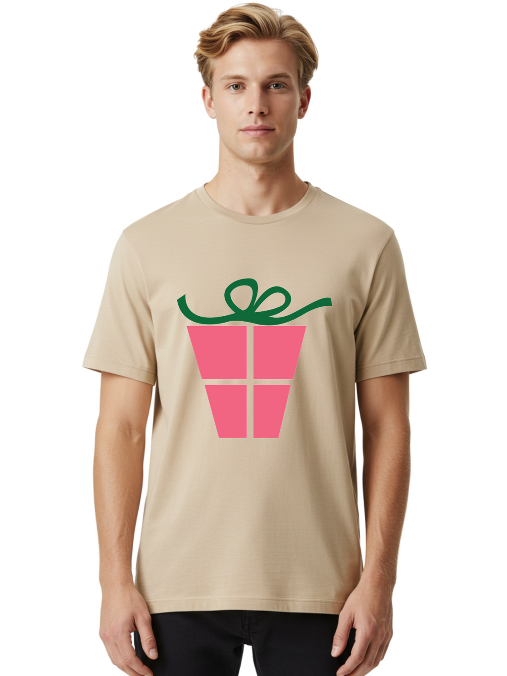 Pink-Gift-Box-With-Ribbon Men'S Graphic Tee, 100% Cotton, Comfortable Casual Summer Wear, Machine Washable, Pink Gift Box, Wrapped Present, Green Ribbon, Festive, Celebration, Party Favor, Gift Giving, Holiday Present Aad094