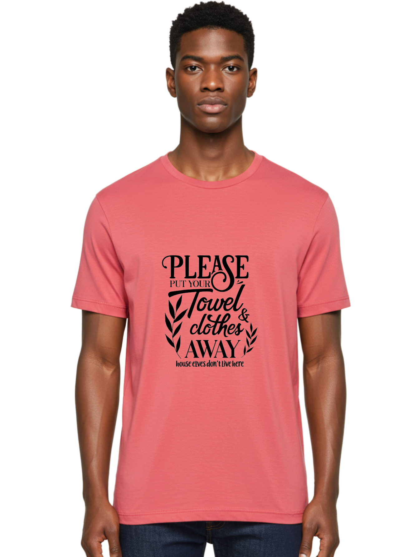 Please-Put-Your-Towel-Clothes-Away Men'S Graphic Tee, 100% Cotton, Comfortable Casual Summer Wear, Machine Washable, Humorous Sign, House Elves Don'T Live Here, Tidy Up, Cleanliness, Laundry, Towel Etiquette, Bathroom Humor, Aad097