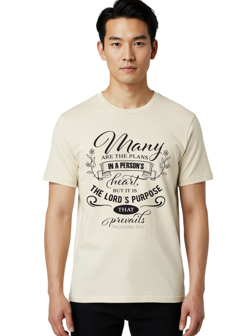 Proverbs-19-21 Men'S Graphic Tee, 100% Cotton, Comfortable Casual Summer Wear, Machine Washable, Inspirational Quote, Bible Verse, Proverbs 19:21, Many Are The Plans, Lord'S Purpose Prevails, Faith-Based Design, Motivational Message, Aad103