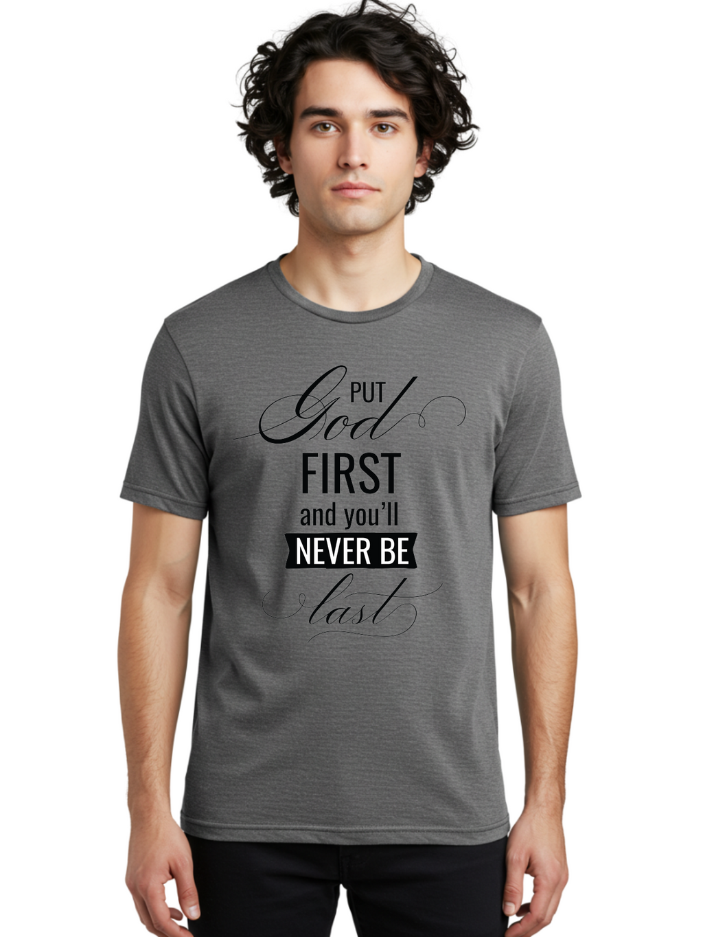 Put-God-First Men'S Graphic Tee, 100% Cotton, Comfortable Casual Summer Wear, Machine Washable, Inspirational Quote, Motivational Words, Faith-Based Message, Put God First, Inspirational Sayings, Motivational Phrases, Spiritual Guidance, Aad110