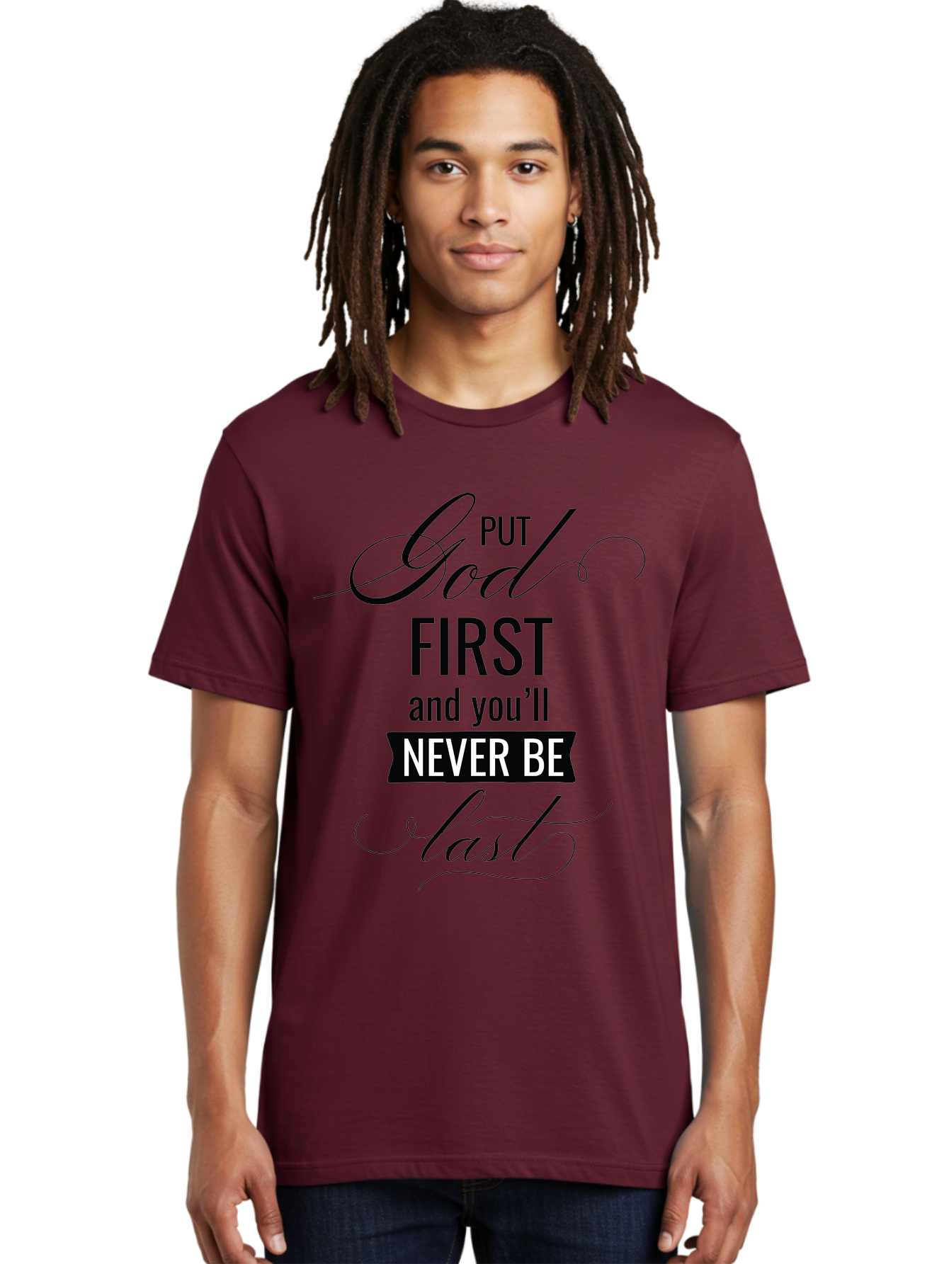 Put-God-First Men'S Graphic Tee, 100% Cotton, Comfortable Casual Summer Wear, Machine Washable, Inspirational Quote, Motivational Words, Faith-Based Message, Put God First, Inspirational Sayings, Motivational Phrases, Spiritual Guidance, Aad110