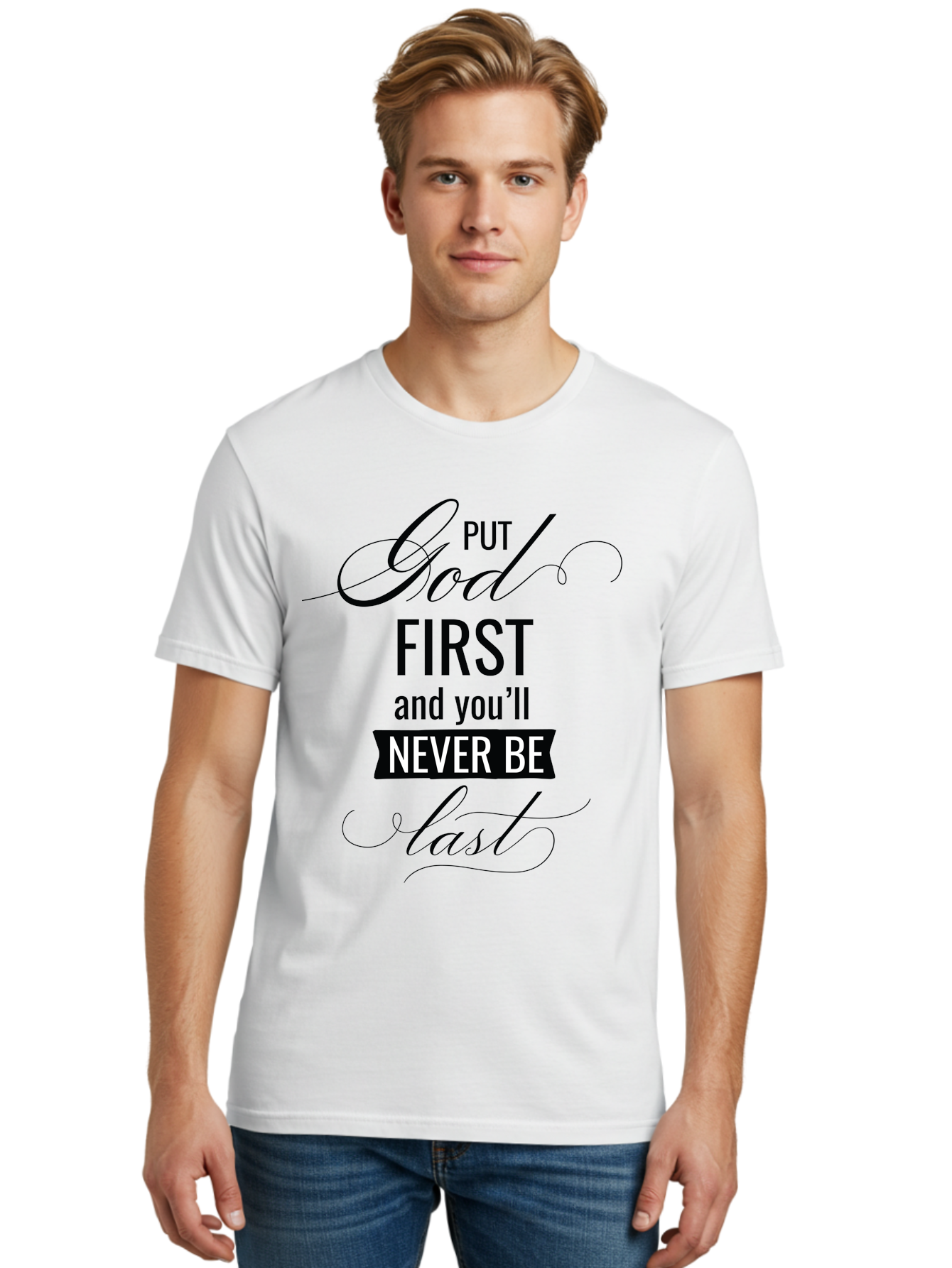 Put-God-First Men'S Graphic Tee, 100% Cotton, Comfortable Casual Summer Wear, Machine Washable, Inspirational Quote, Motivational Words, Faith-Based Message, Put God First, Inspirational Sayings, Motivational Phrases, Spiritual Guidance, Aad110