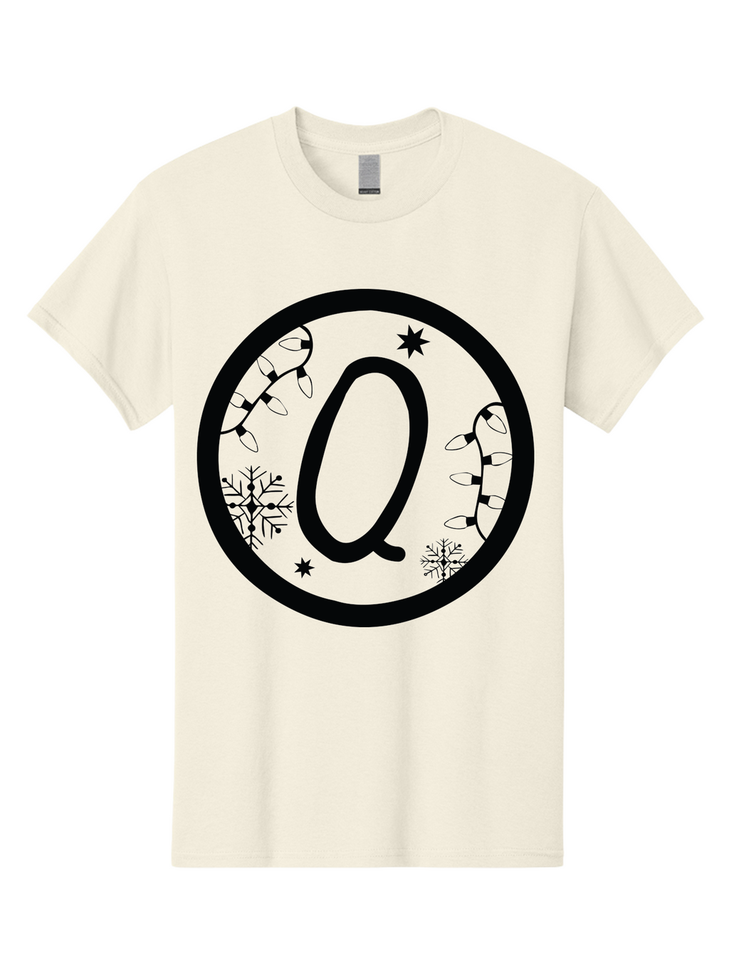 Q Men'S Graphic Tee, 100% Cotton, Comfortable Casual Summer Wear, Machine Washable, Christmas Decorations, Holiday Lights, Festive Snowflakes, Winter Wonderland, Black And Green Theme, Letter Q, Christmas Ornaments, Seasonal Design Aad111