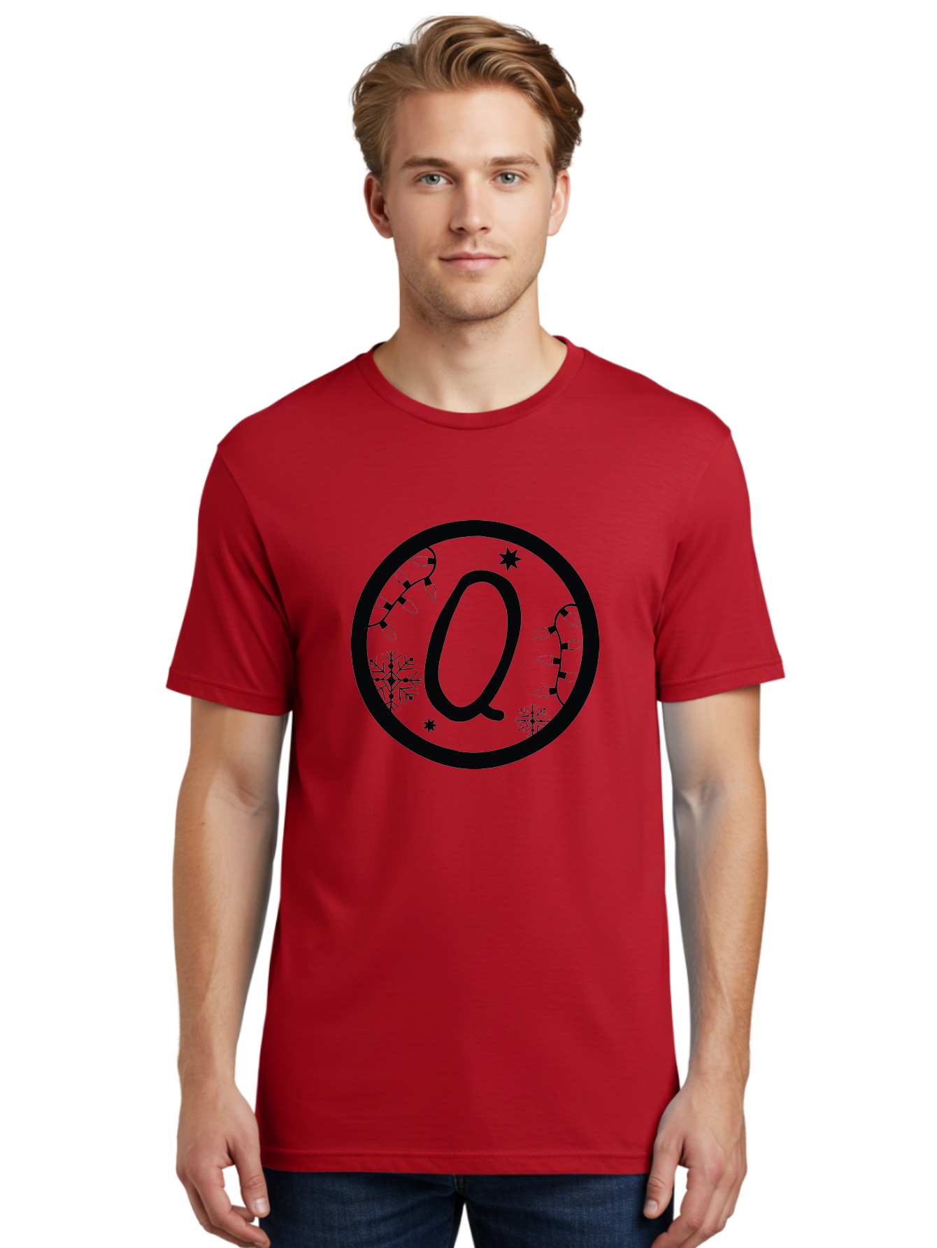 Q Men'S Graphic Tee, 100% Cotton, Comfortable Casual Summer Wear, Machine Washable, Christmas Decorations, Holiday Lights, Festive Snowflakes, Winter Wonderland, Black And Green Theme, Letter Q, Christmas Ornaments, Seasonal Design Aad111
