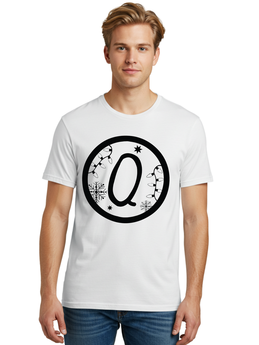 Q Men'S Graphic Tee, 100% Cotton, Comfortable Casual Summer Wear, Machine Washable, Christmas Decorations, Holiday Lights, Festive Snowflakes, Winter Wonderland, Black And Green Theme, Letter Q, Christmas Ornaments, Seasonal Design Aad111