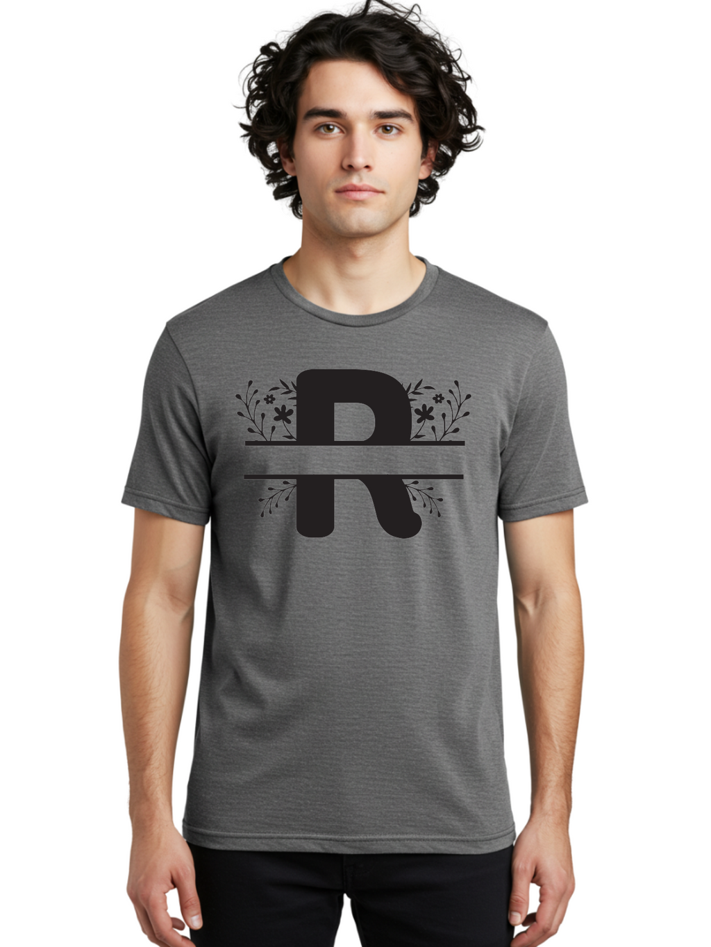 R Men'S Graphic Tee, 100% Cotton, Comfortable Casual Summer Wear, Machine Washable, Stylized Letter R, Floral Design, Black Lettering, Decorative Elements, Flowers And Leaves, Elegant Typography, Sophisticated Graphics Aad112