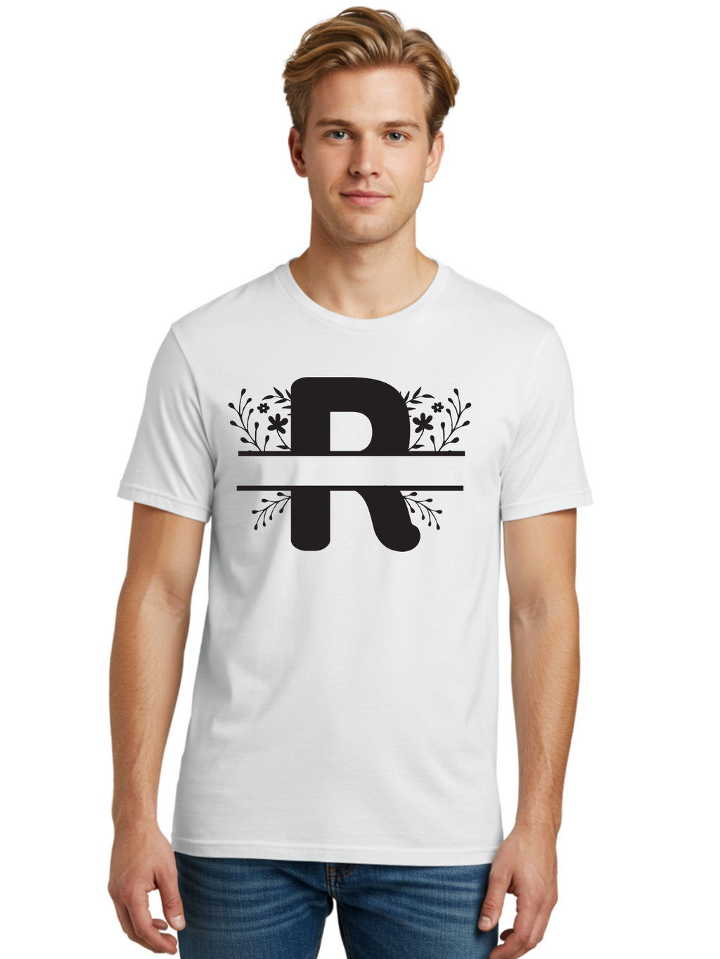 R Men'S Graphic Tee, 100% Cotton, Comfortable Casual Summer Wear, Machine Washable, Stylized Letter R, Floral Design, Black Lettering, Decorative Elements, Flowers And Leaves, Elegant Typography, Sophisticated Graphics Aad112