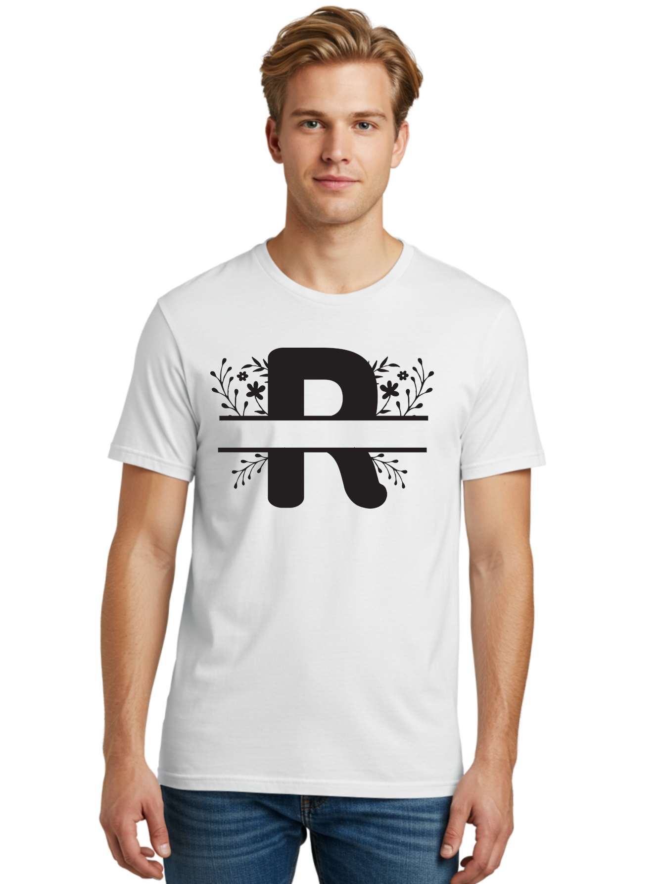 R Men'S Graphic Tee, 100% Cotton, Comfortable Casual Summer Wear, Machine Washable, Stylized Letter R, Floral Design, Black Lettering, Decorative Elements, Flowers And Leaves, Elegant Typography, Sophisticated Graphics Aad112