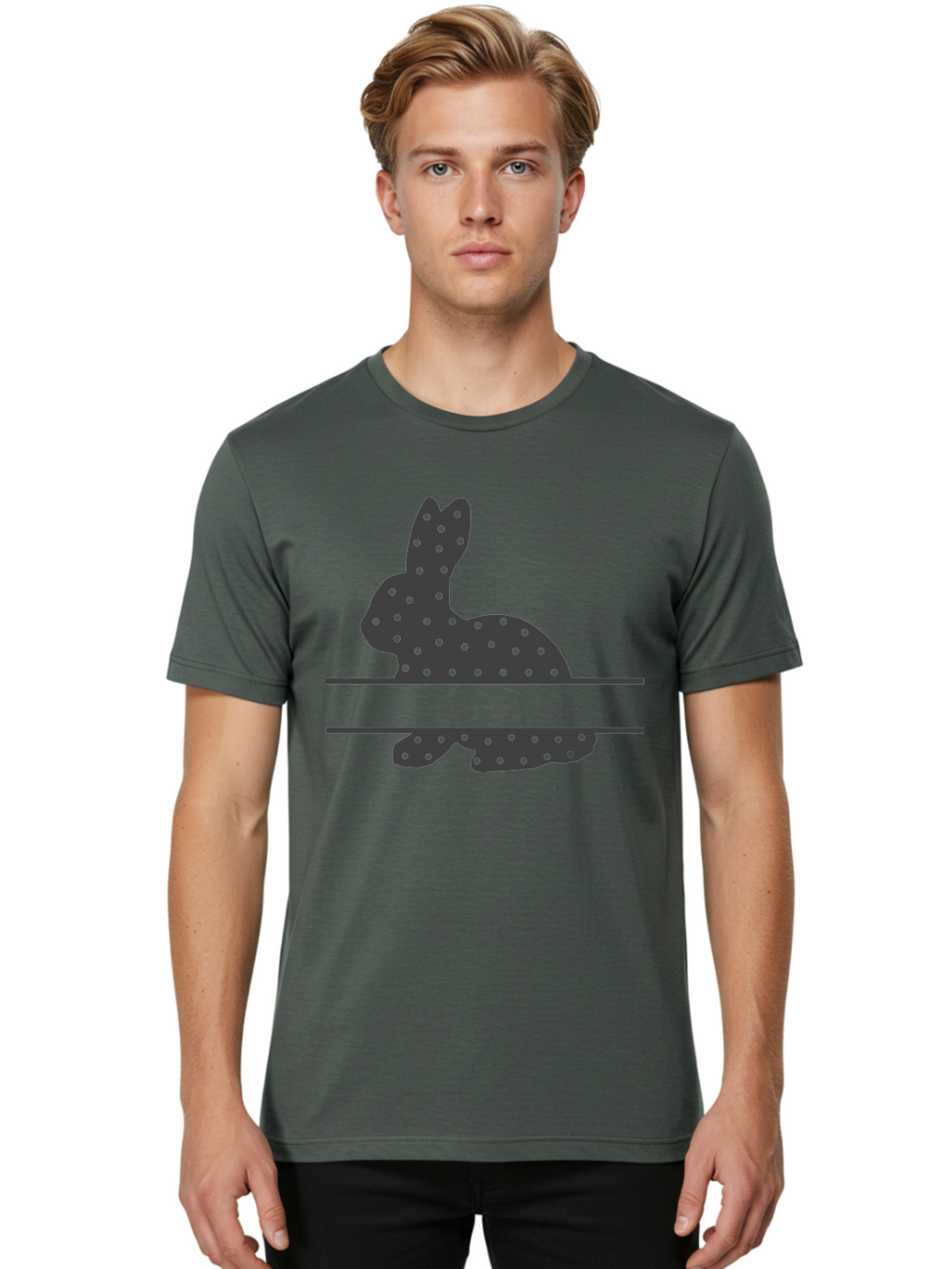 Rabbit-Silhouette-With-Dots Men'S Graphic Tee, 100% Cotton, Comfortable Casual Summer Wear, Machine Washable, Rabbit Silhouette, Black Silhouette, Polka Dot Pattern, Reflection Effect, Mirrored Image, Modern Art, Minimalist Design, Cute Bunny Aad113