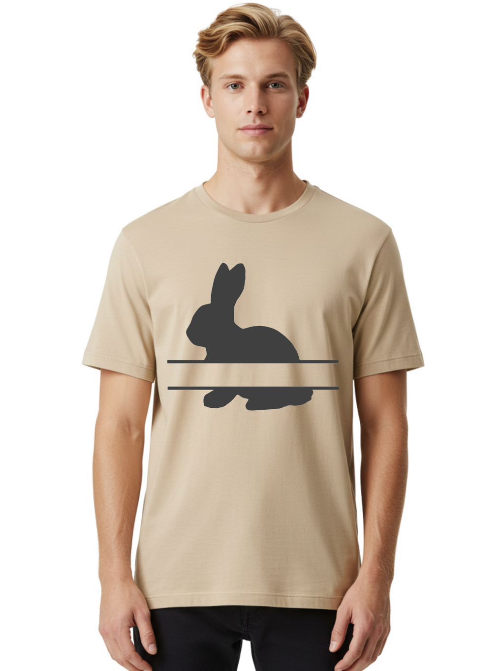 Rabbit-Silhouette Men'S Graphic Tee, 100% Cotton, Comfortable Casual Summer Wear, Machine Washable, Rabbit Silhouette, Minimalist Design, Simple Shape, Black Silhouette, Cute Rabbit, Modern Art, Creative Illustration, Simple Graphics Aad114