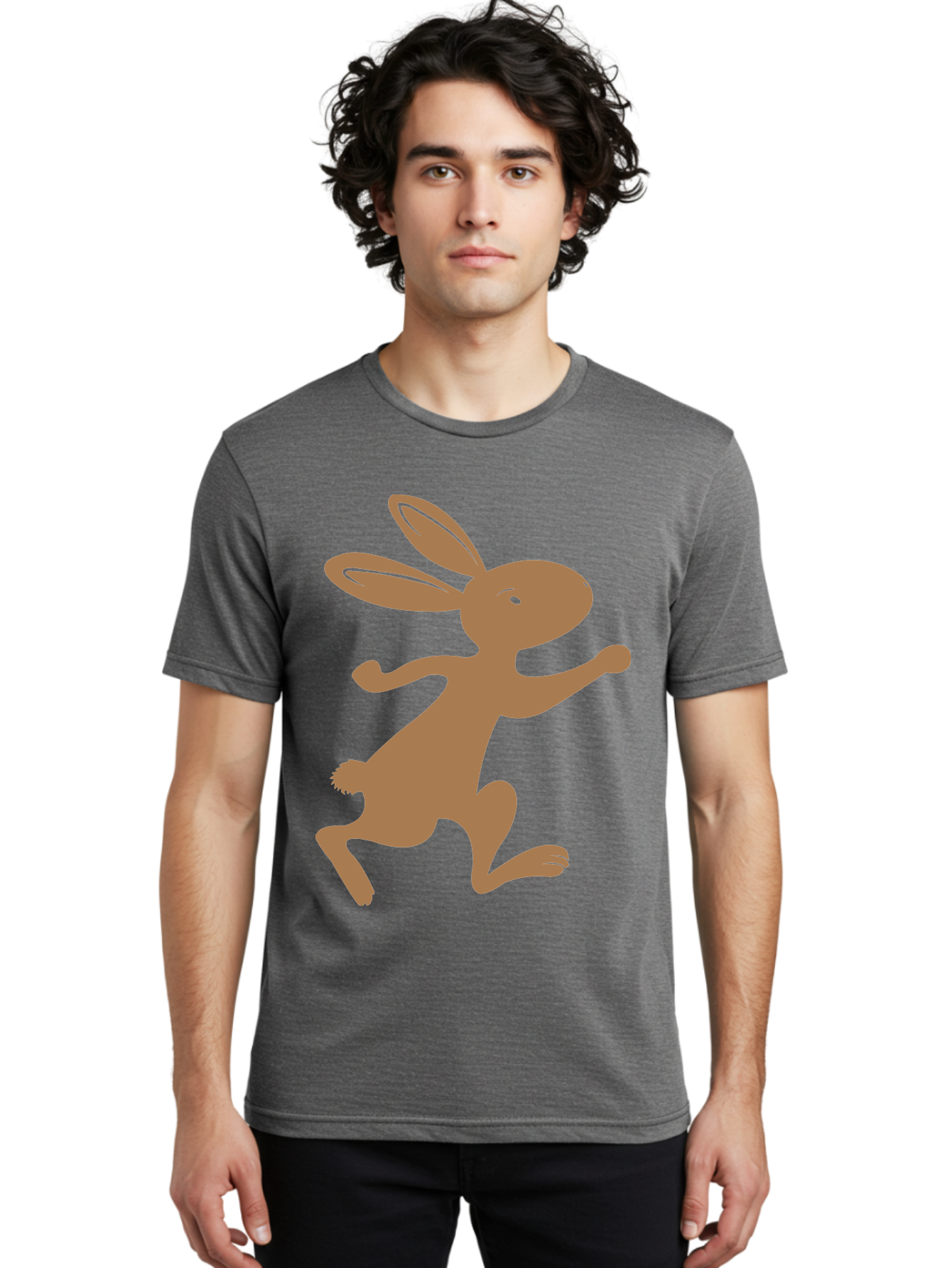 Rabbit Men'S Graphic Tee, 100% Cotton, Comfortable Casual Summer Wear, Machine Washable, Cartoon Rabbit, Jumping Rabbit, Brown Rabbit, Playful Pose, Cute Illustration, Simple Design, Whimsical Art, Cartoon Character, Funny Rabbit Aad115