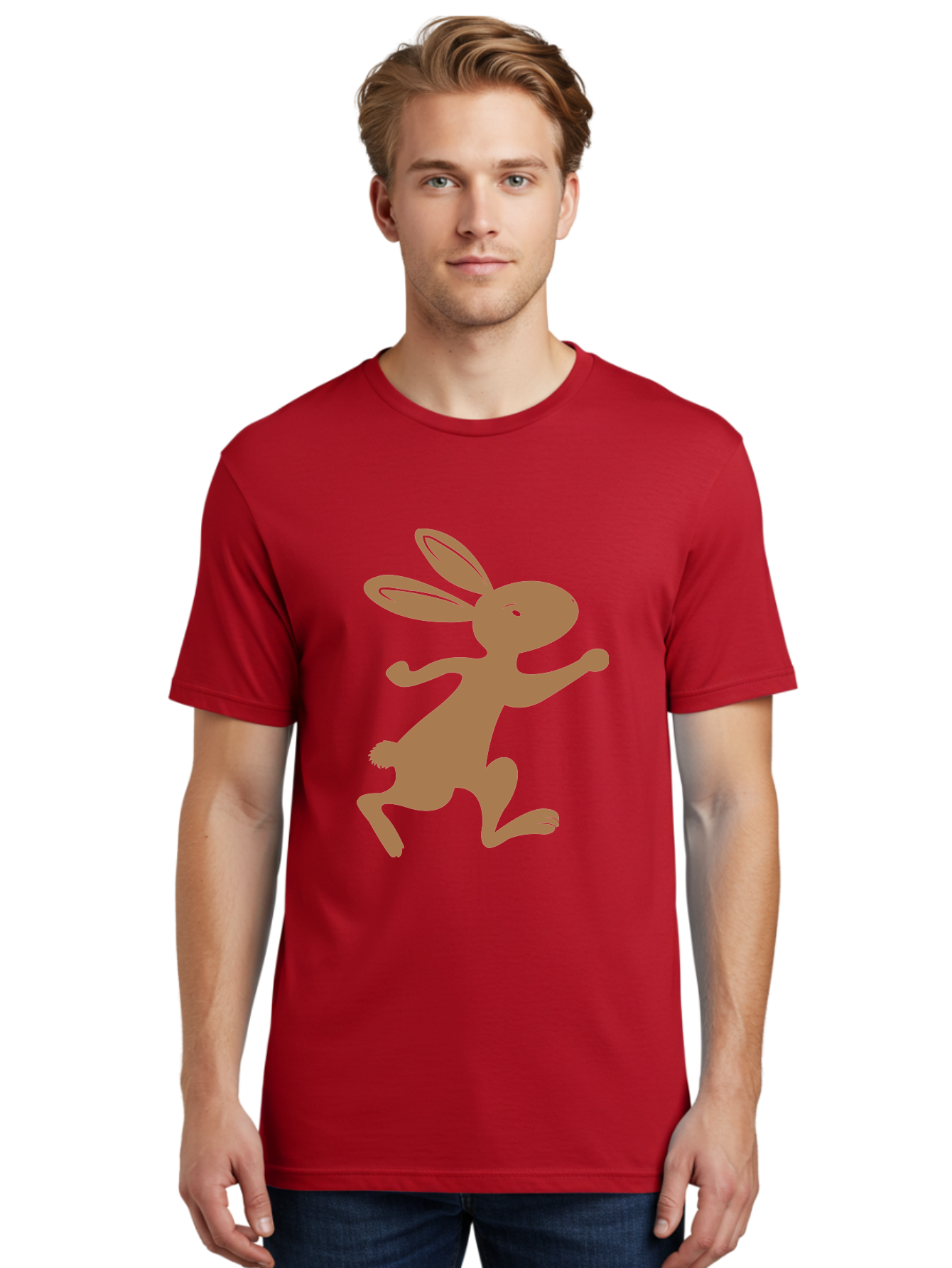 Rabbit Men'S Graphic Tee, 100% Cotton, Comfortable Casual Summer Wear, Machine Washable, Cartoon Rabbit, Jumping Rabbit, Brown Rabbit, Playful Pose, Cute Illustration, Simple Design, Whimsical Art, Cartoon Character, Funny Rabbit Aad115
