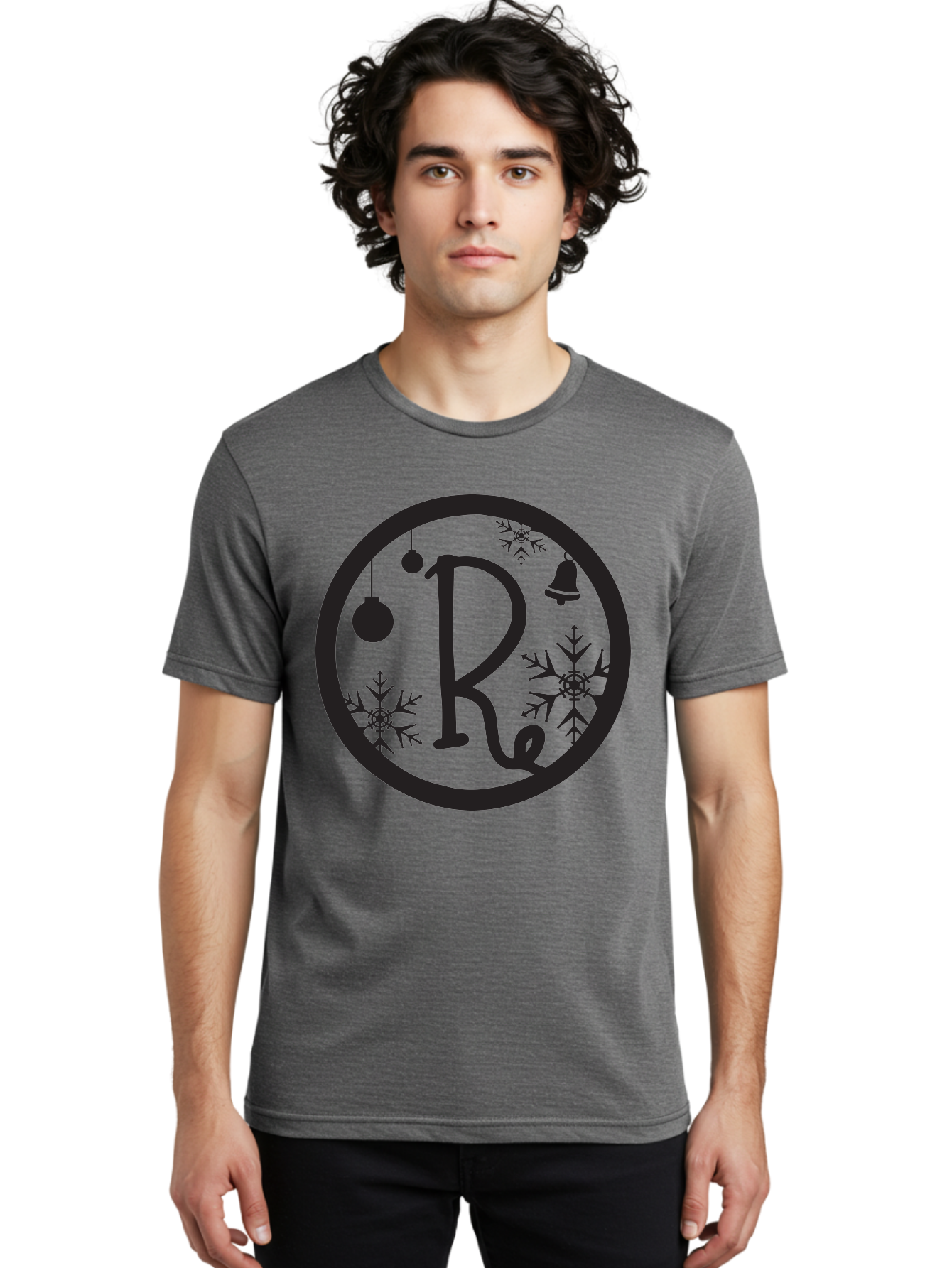 Re Men'S Graphic Tee, 100% Cotton, Comfortable Casual Summer Wear, Machine Washable, Black Logo, Christmas Decorations, Snowflakes, Hanging Ornaments, Festive Bell, Winter Wonderland, Holiday Theme, Circular Design Aad117