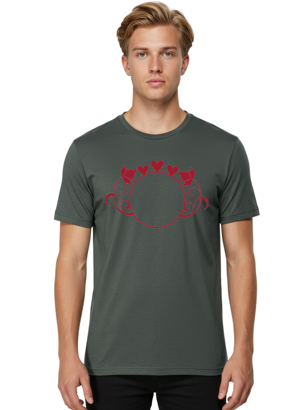 Red-Heart-Border Men'S Graphic Tee, 100% Cotton, Comfortable Casual Summer Wear, Machine Washable, Red Hearts, Red Leaves, Circular Frame, Decorative Border, Elegant Design, Valentines Day Theme, Floral Pattern, Whimsical Elements, Aad119