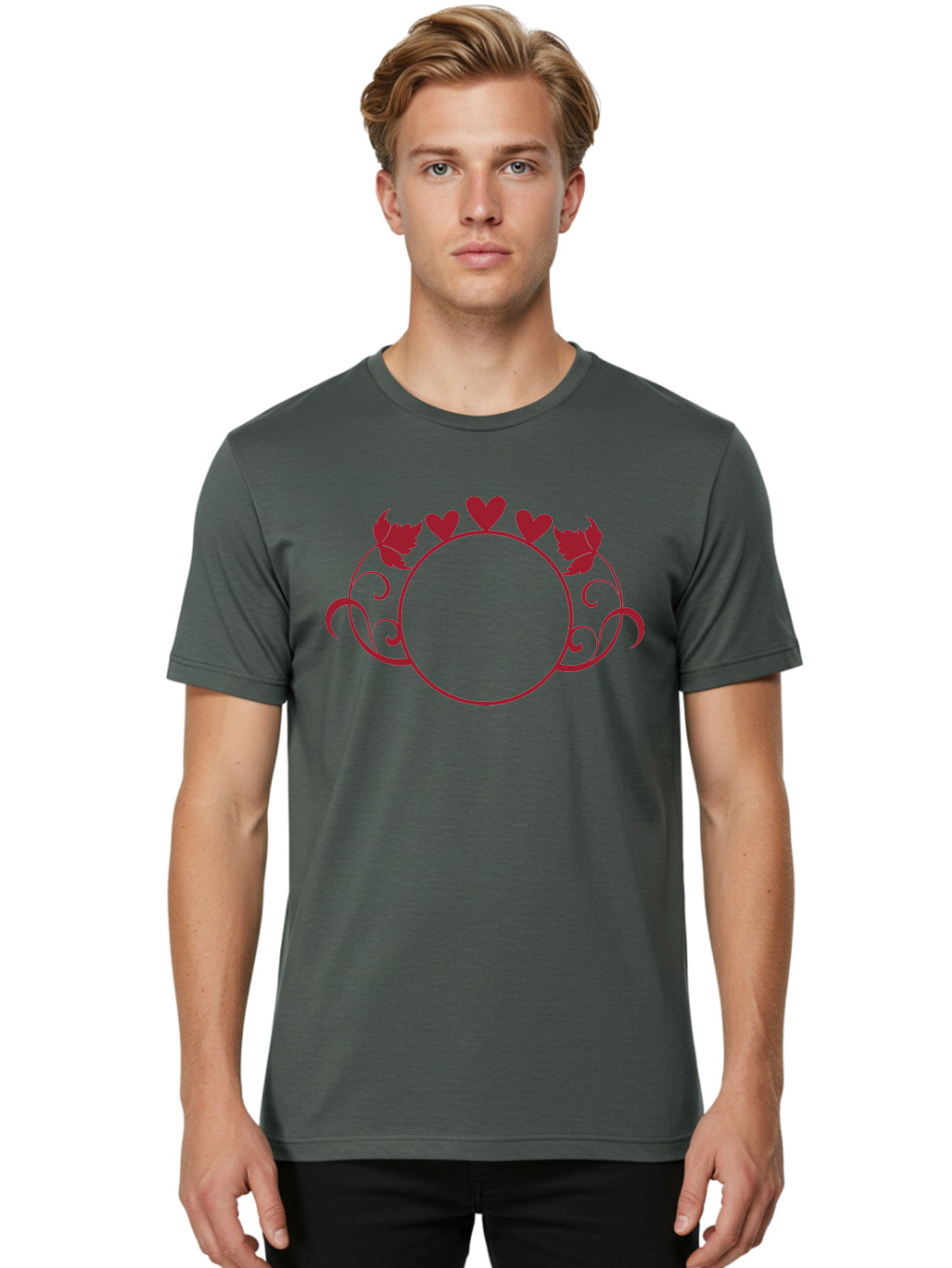 Red-Heart-Border Men'S Graphic Tee, 100% Cotton, Comfortable Casual Summer Wear, Machine Washable, Red Hearts, Red Leaves, Circular Frame, Decorative Border, Elegant Design, Valentines Day Theme, Floral Pattern, Whimsical Elements, Aad119