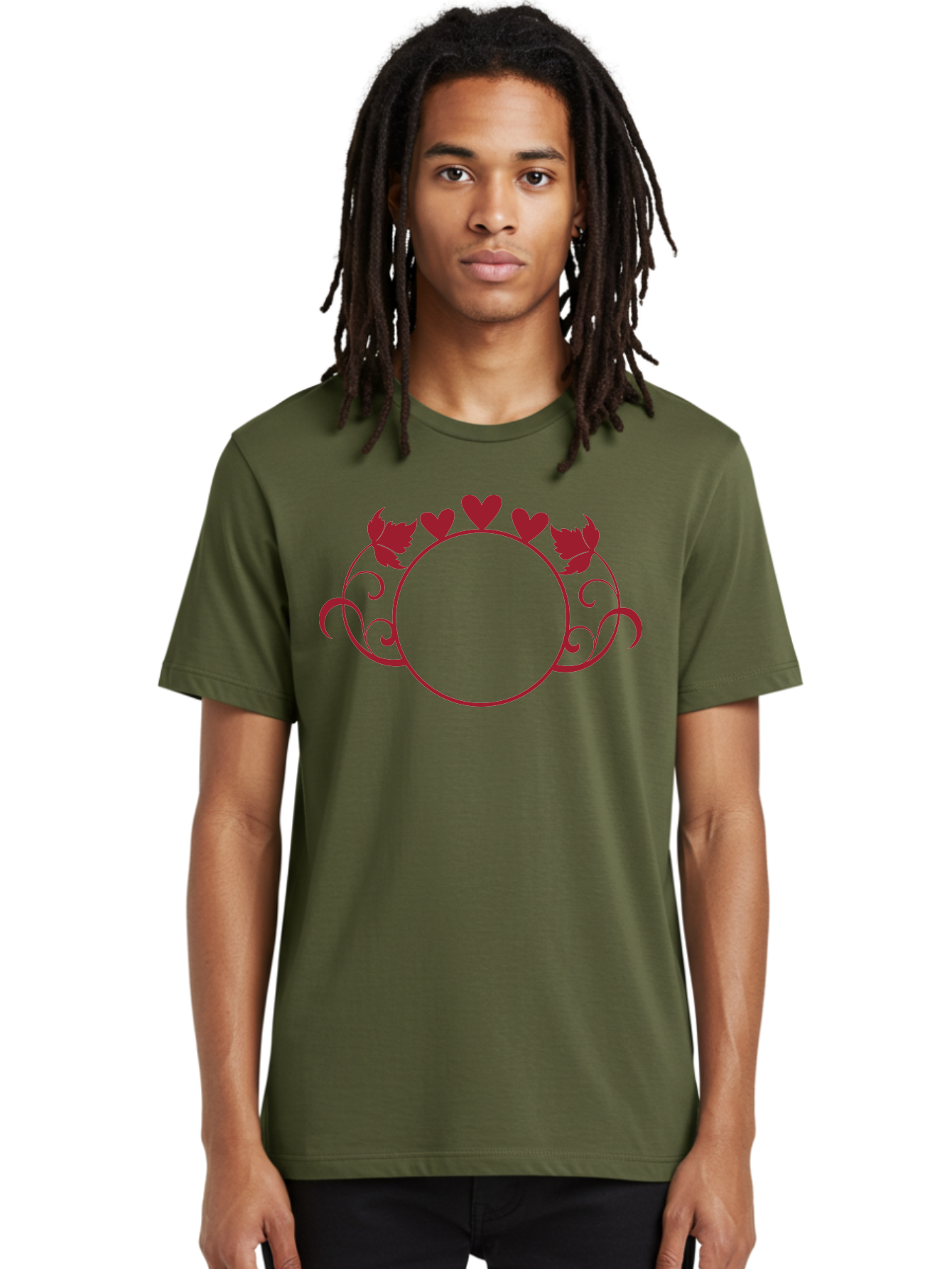 Red-Heart-Border Men'S Graphic Tee, 100% Cotton, Comfortable Casual Summer Wear, Machine Washable, Red Hearts, Red Leaves, Circular Frame, Decorative Border, Elegant Design, Valentines Day Theme, Floral Pattern, Whimsical Elements, Aad119