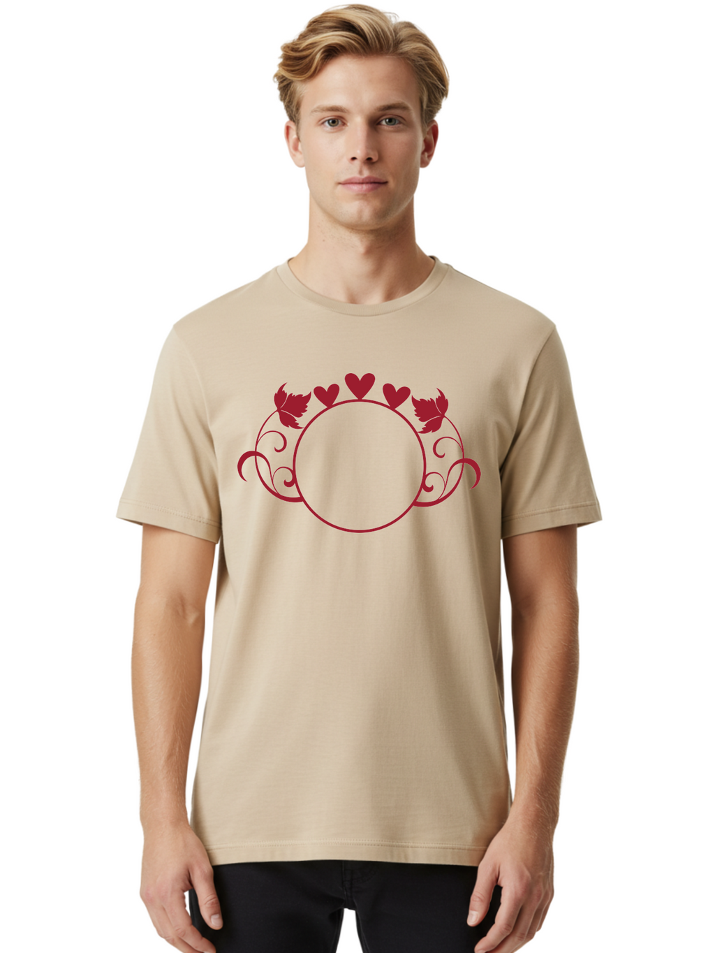 Red-Heart-Border Men'S Graphic Tee, 100% Cotton, Comfortable Casual Summer Wear, Machine Washable, Red Hearts, Red Leaves, Circular Frame, Decorative Border, Elegant Design, Valentines Day Theme, Floral Pattern, Whimsical Elements, Aad119