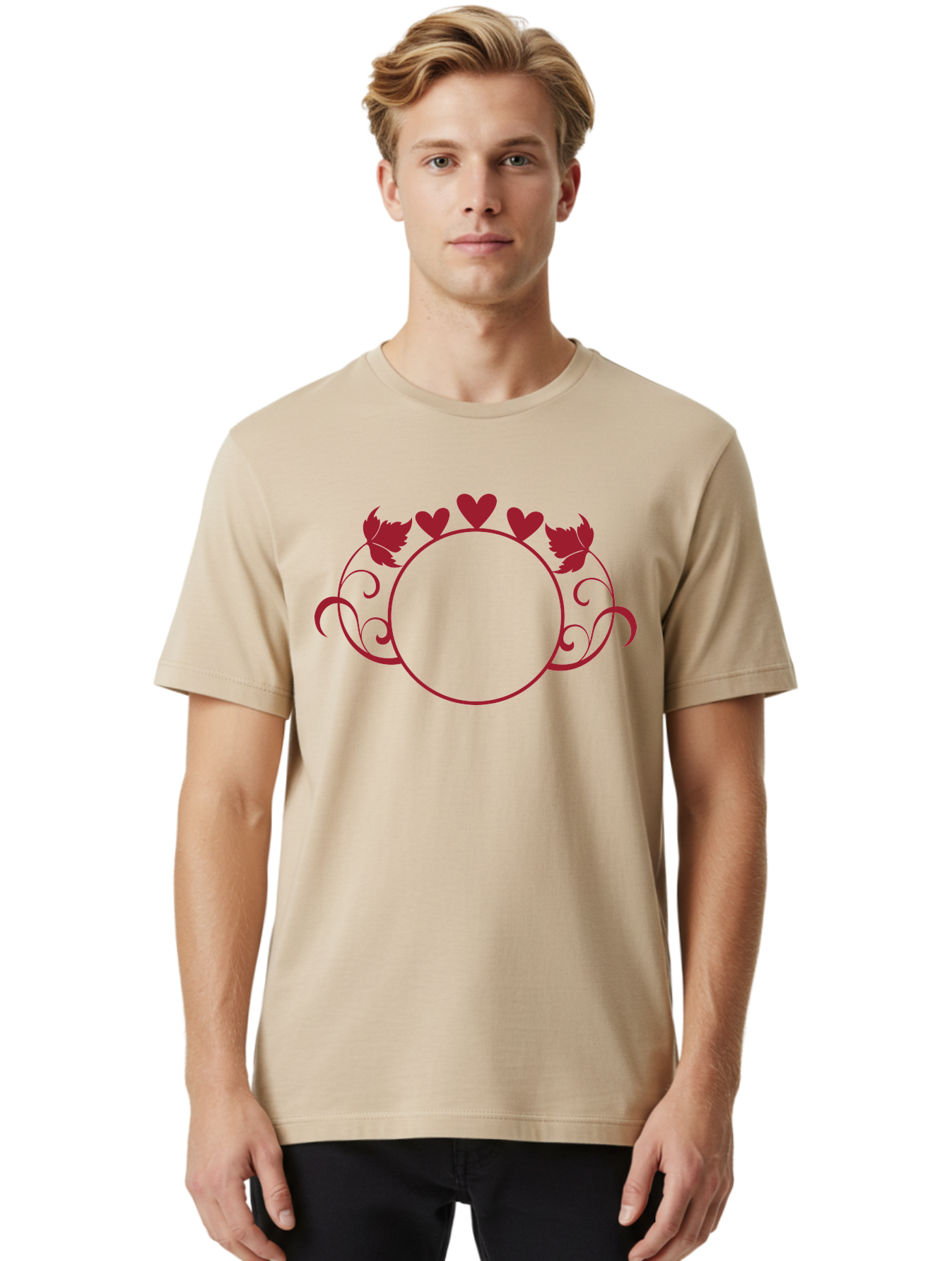 Red-Heart-Border Men'S Graphic Tee, 100% Cotton, Comfortable Casual Summer Wear, Machine Washable, Red Hearts, Red Leaves, Circular Frame, Decorative Border, Elegant Design, Valentines Day Theme, Floral Pattern, Whimsical Elements, Aad119