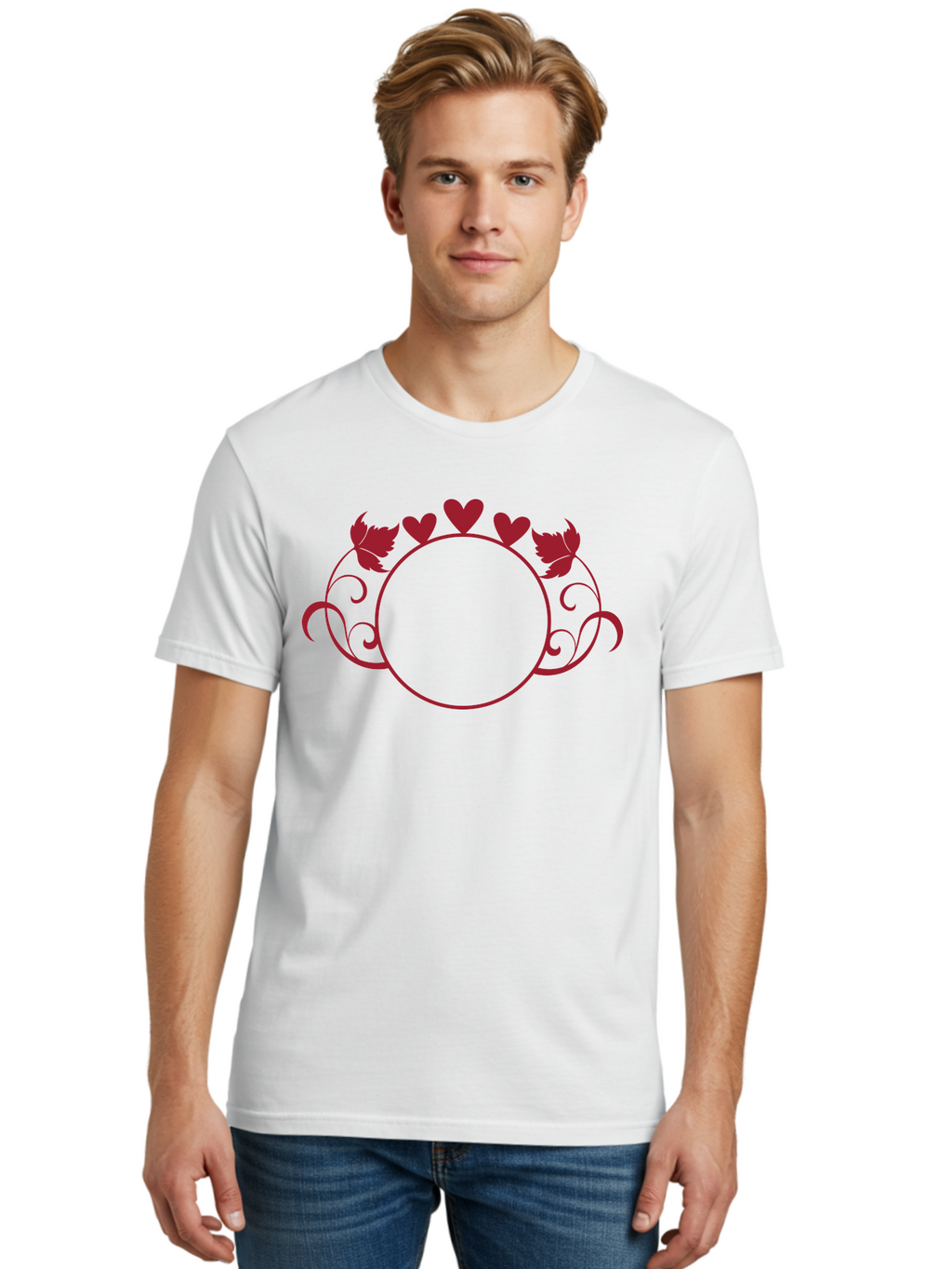 Red-Heart-Border Men'S Graphic Tee, 100% Cotton, Comfortable Casual Summer Wear, Machine Washable, Red Hearts, Red Leaves, Circular Frame, Decorative Border, Elegant Design, Valentines Day Theme, Floral Pattern, Whimsical Elements, Aad119