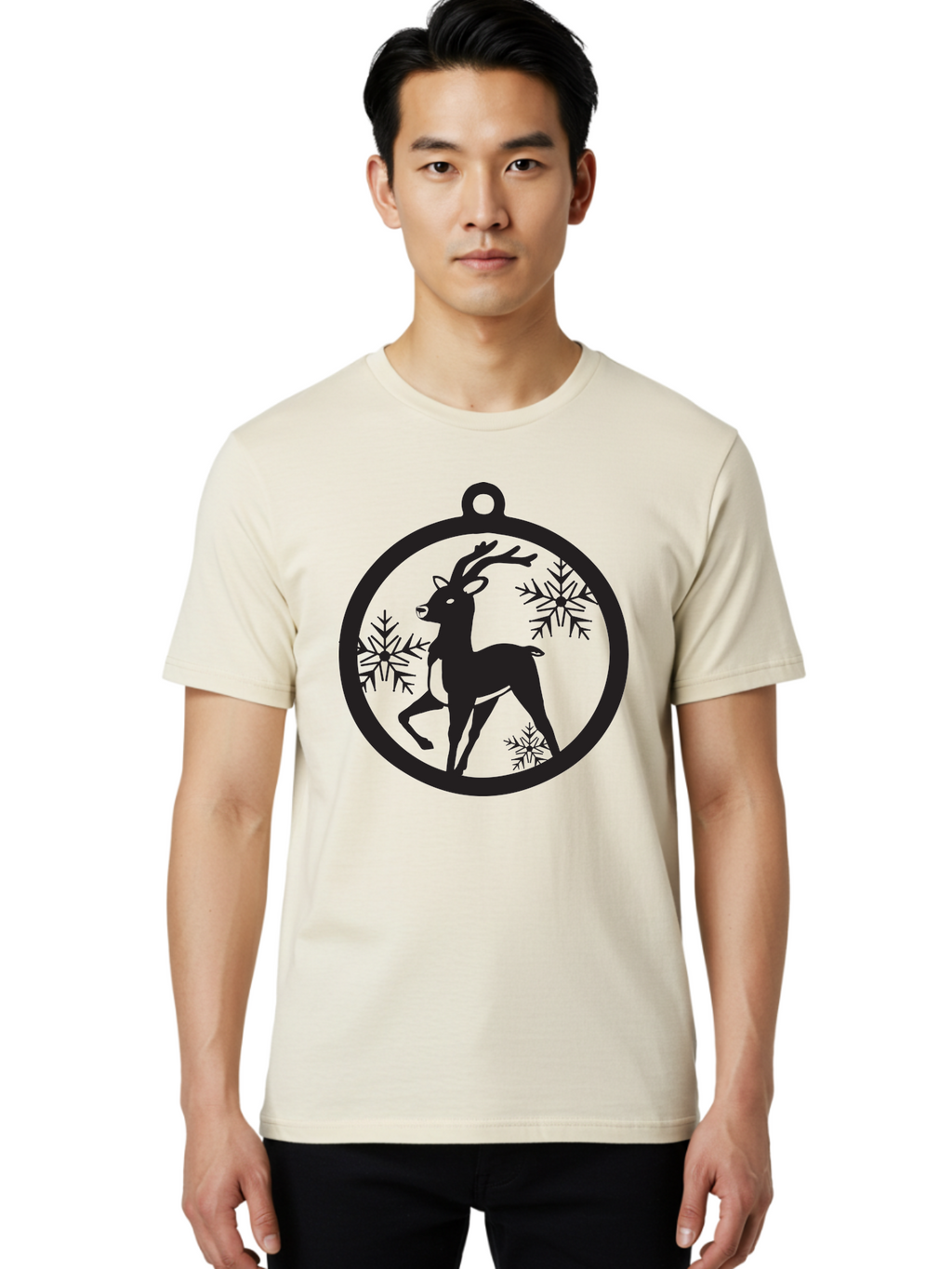 Reindeer-Ornament Men'S Graphic Tee, 100% Cotton, Comfortable Casual Summer Wear, Machine Washable, Reindeer Silhouette, Christmas Ornament Design, Snowflake Pattern, Festive Decor, Holiday Theme, Winter Decoration, Seasonal Charm, Aad122