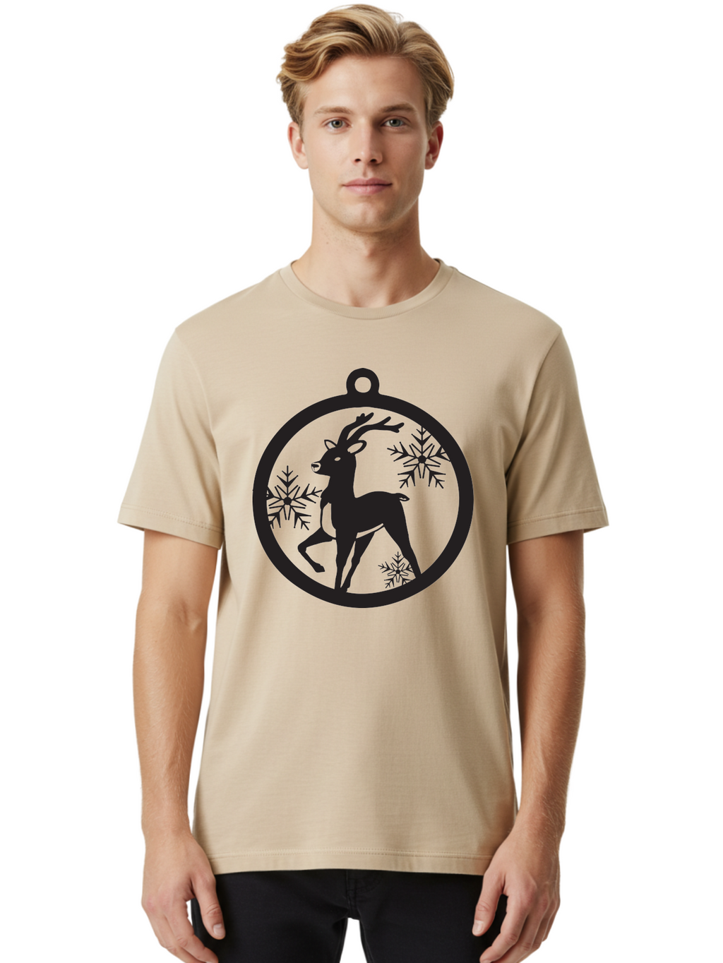 Reindeer-Ornament Men'S Graphic Tee, 100% Cotton, Comfortable Casual Summer Wear, Machine Washable, Reindeer Silhouette, Christmas Ornament Design, Snowflake Pattern, Festive Decor, Holiday Theme, Winter Decoration, Seasonal Charm, Aad122