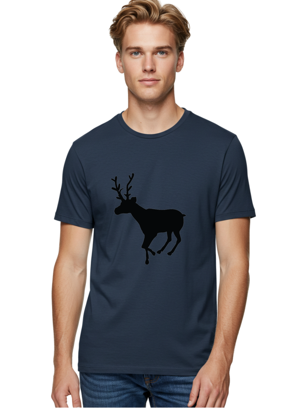 Reindeer-Silhouette Men'S Graphic Tee, 100% Cotton, Comfortable Casual Summer Wear, Machine Washable, Reindeer Silhouette, Deer Running, Antlered Animal, Wildlife Graphic, Festive Design, Winter Symbol, Holiday Icon, Minimalist Art Aad123