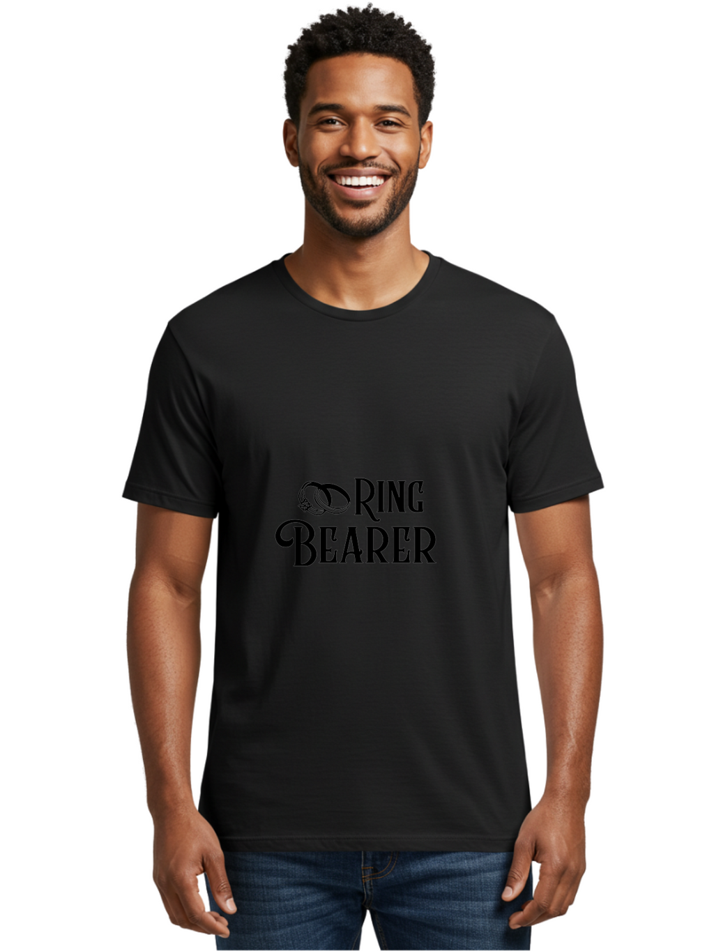 Ring-Bearer Men'S Graphic Tee, 100% Cotton, Comfortable Casual Summer Wear, Machine Washable, Lord Of The Rings Inspired Logo, Ring Bearer Text, Fantasy Font, Ornate Ring Design, Black Lettering, Elegant Typography, Wedding Signage, Aad126