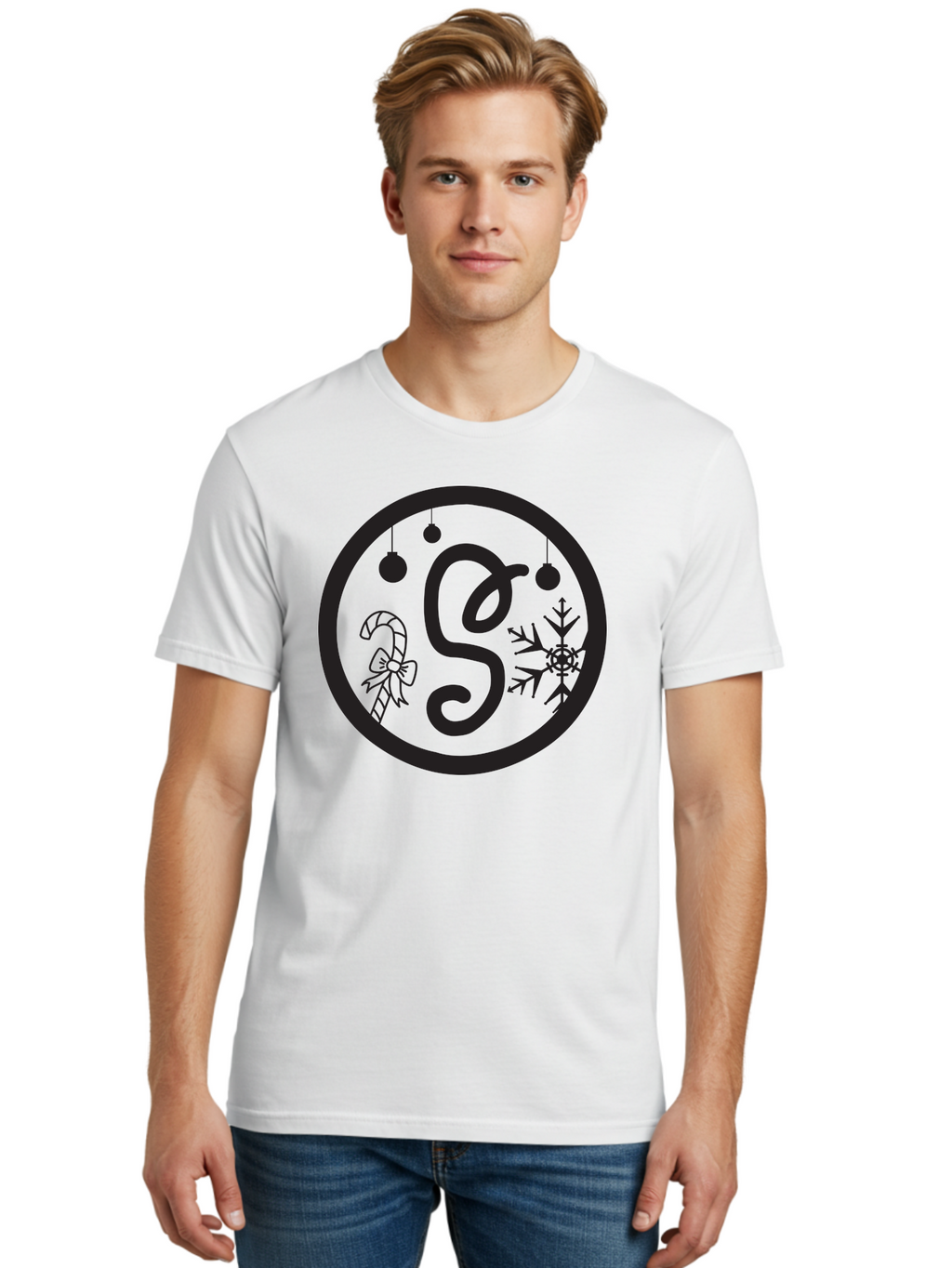 S Men'S Graphic Tee, 100% Cotton, Comfortable Casual Summer Wear, Machine Washable, Christmas Monogram, Letter S, Festive Decorations, Candy Cane, Snowflake, Ornaments, Winter Wonderland, Holiday Theme Aad132