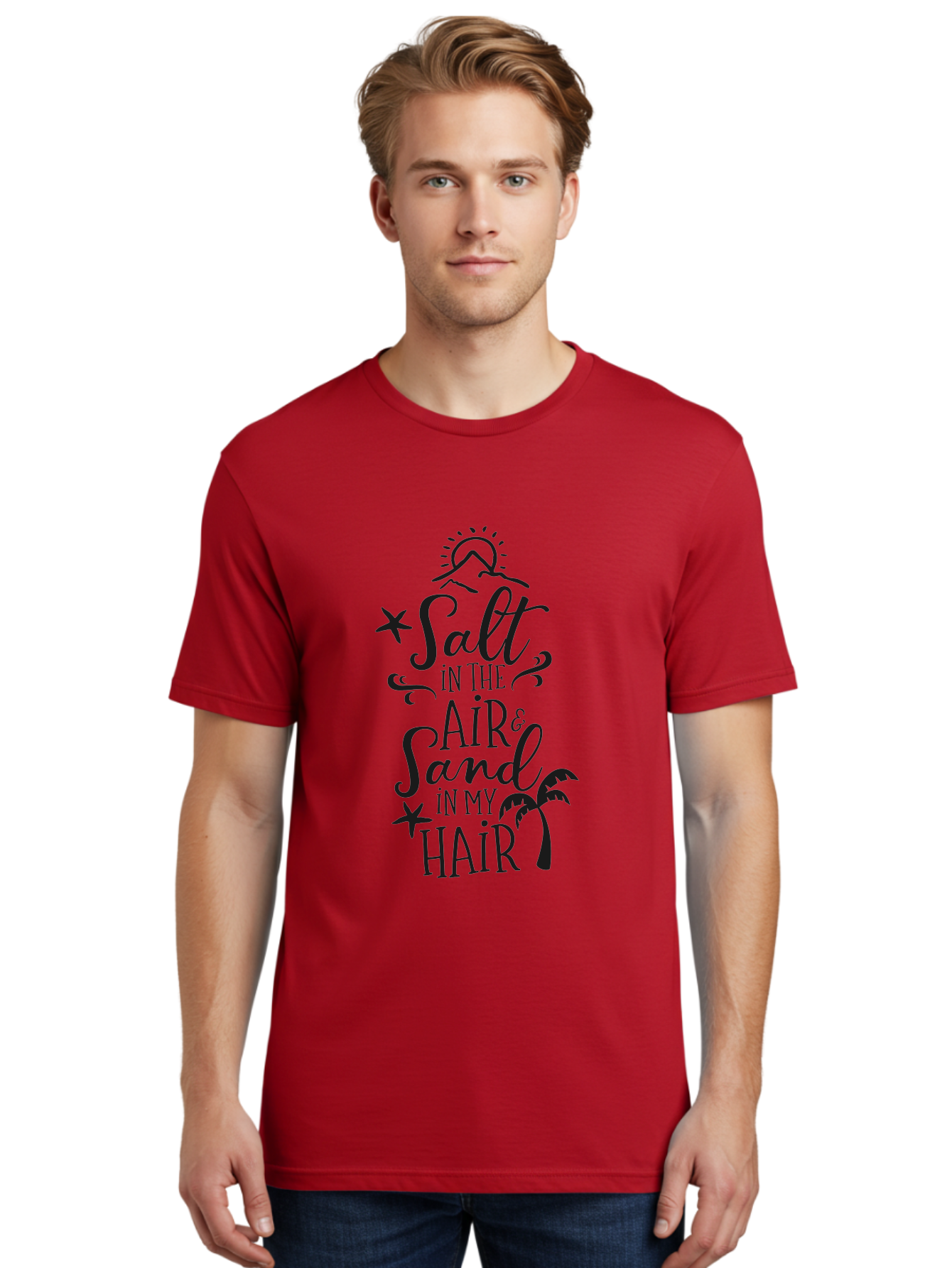 Salt-In-The-Air-Sand-In-My-Hair Men'S Graphic Tee, 100% Cotton, Comfortable Casual Summer Wear, Machine Washable, Beach Quote, Coastal Vibe, Ocean Breeze, Seaside Charm, Summer Inspiration, Salt In The Air & Sand In My Hair, Beachy Feel, Aad133