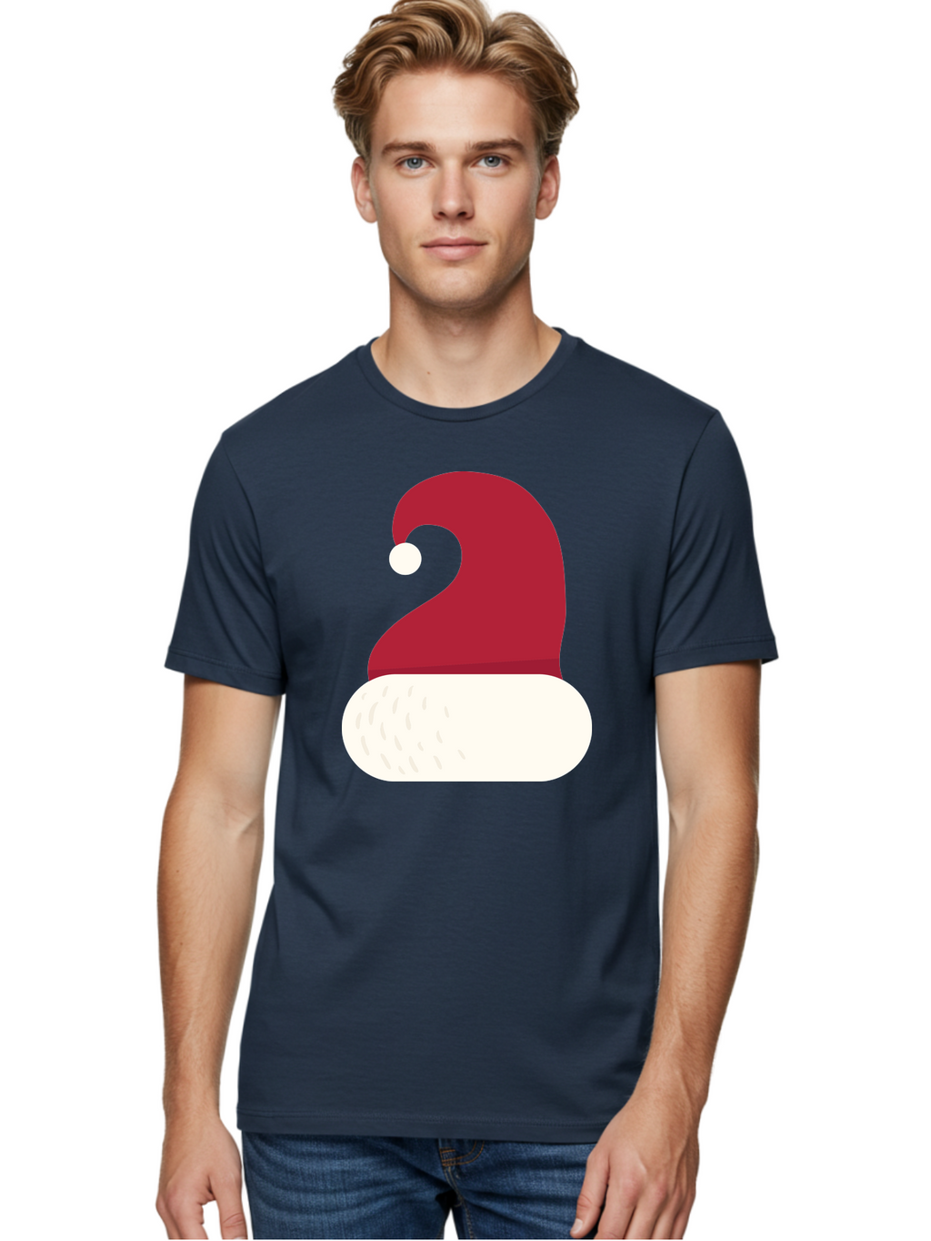 Santa-Hat Men'S Graphic Tee, 100% Cotton, Comfortable Casual Summer Wear, Machine Washable, Santa Hat, Christmas Hat, Red And White Hat, Winter Clothing, Festive Accessory, Holiday Fashion, Cartoon Style, Digital Illustration Aad135