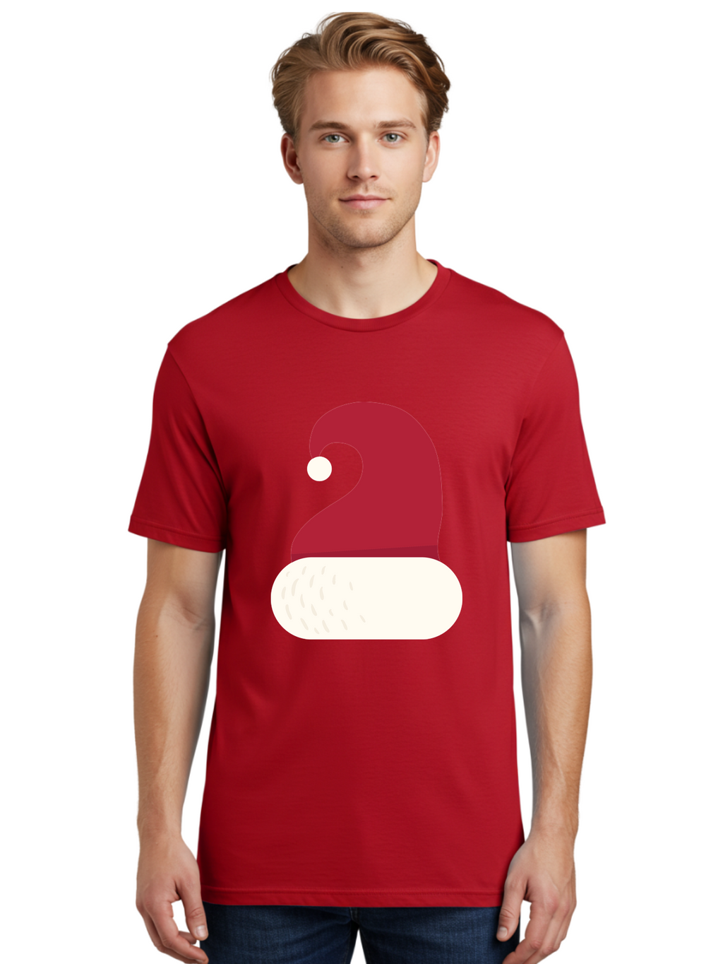 Santa-Hat Men'S Graphic Tee, 100% Cotton, Comfortable Casual Summer Wear, Machine Washable, Santa Hat, Christmas Hat, Red And White Hat, Winter Clothing, Festive Accessory, Holiday Fashion, Cartoon Style, Digital Illustration Aad135