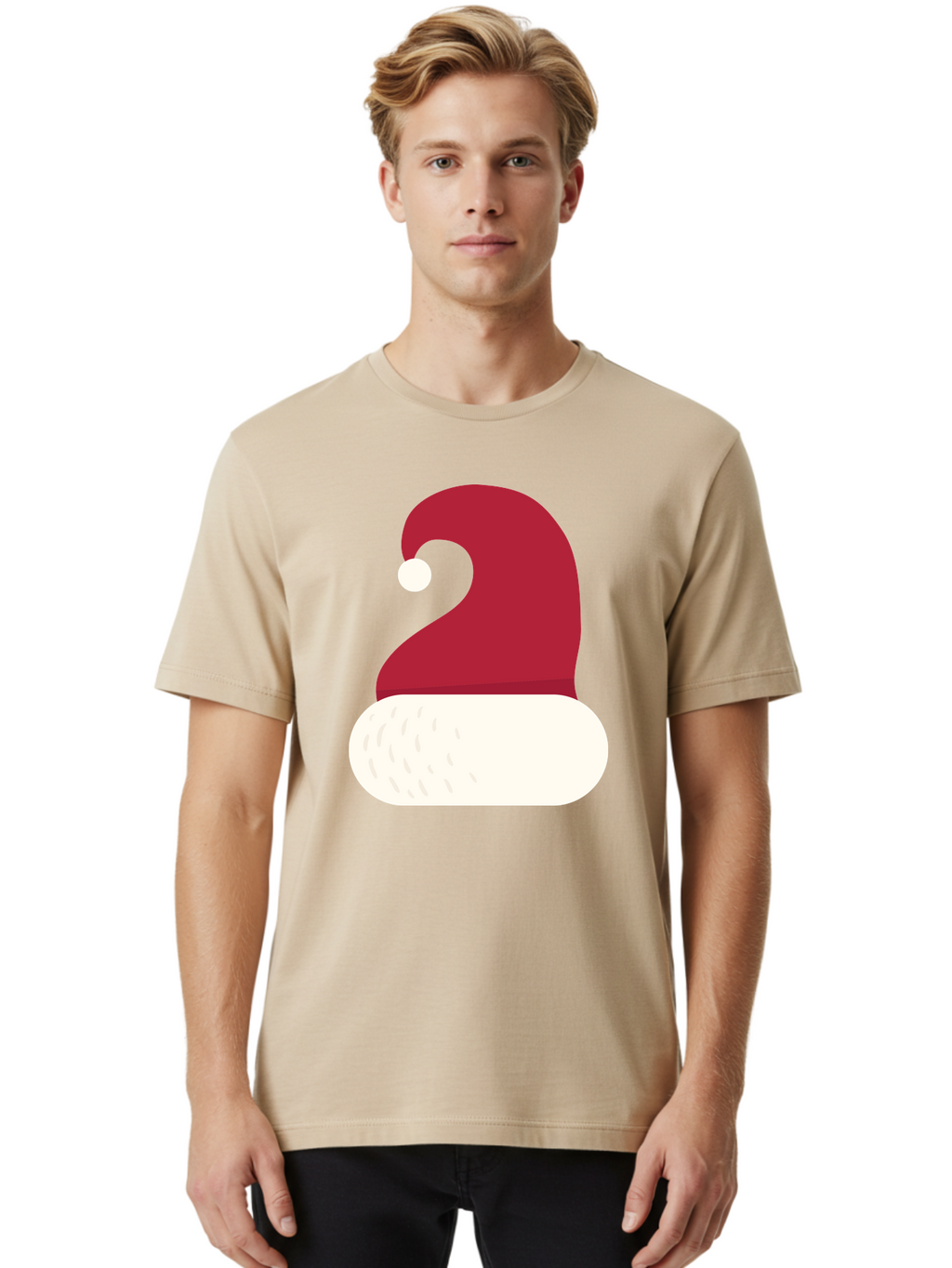 Santa-Hat Men'S Graphic Tee, 100% Cotton, Comfortable Casual Summer Wear, Machine Washable, Santa Hat, Christmas Hat, Red And White Hat, Winter Clothing, Festive Accessory, Holiday Fashion, Cartoon Style, Digital Illustration Aad135